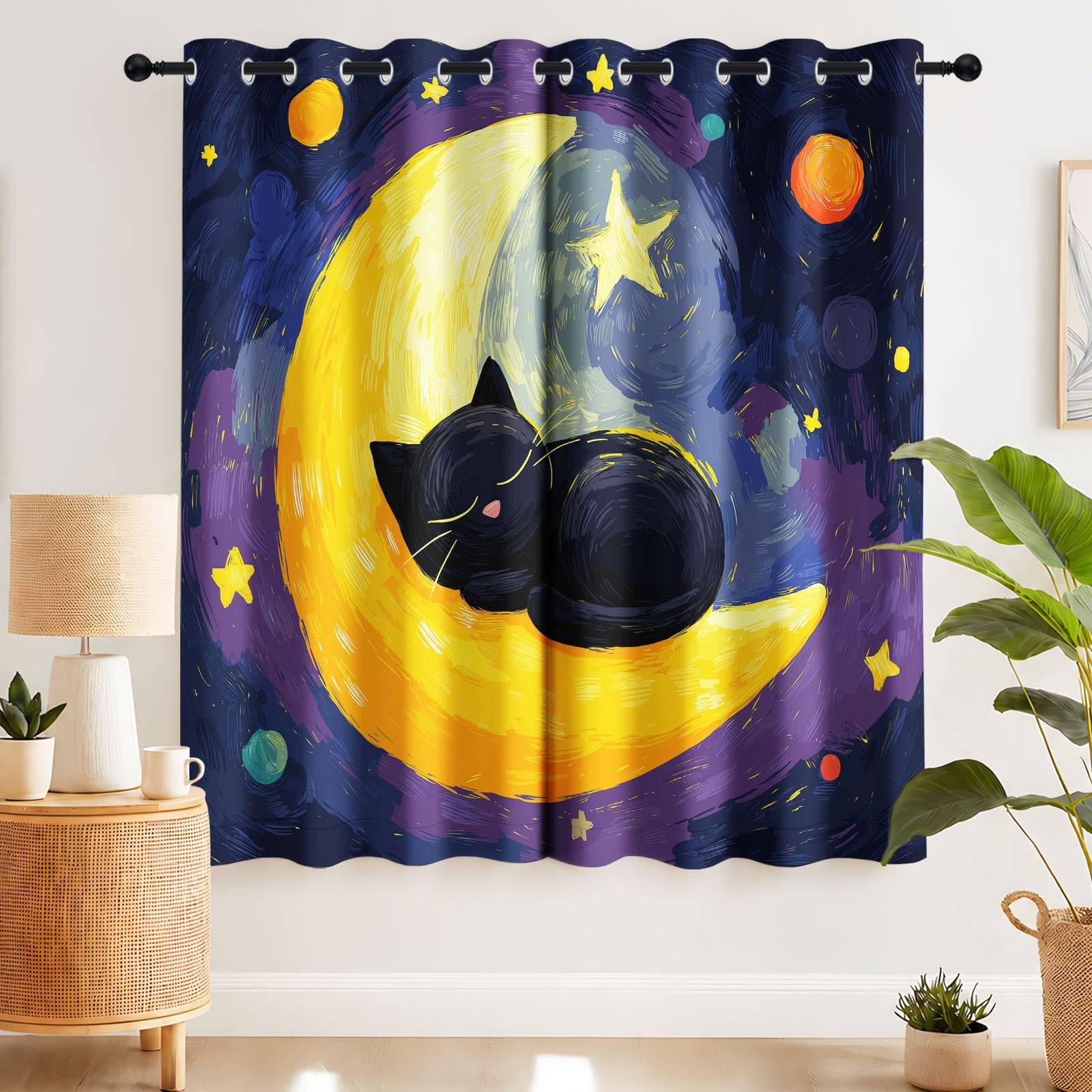 Rideau Occultant Peinture à l'huile Fantaisie Animal L 110 x H 215 cm, Lune Chat Rideaux et Draperies pour Enfants Filles Chambre Salon Rideaux de Fenêtre Thermiques Isolants
