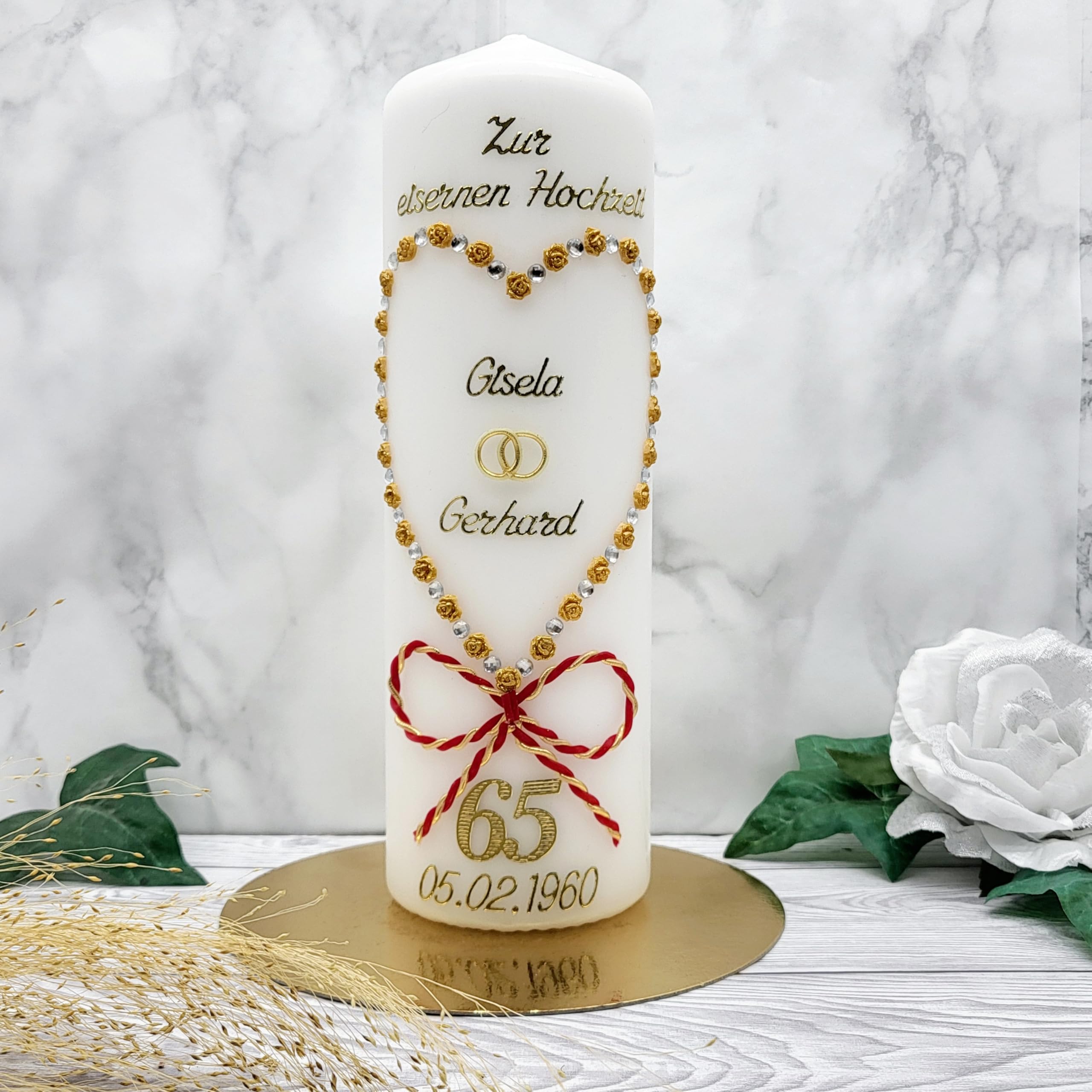 Kerze eiserne Hochzeit mit Namen & Datum EH-02g HANDARBEIT