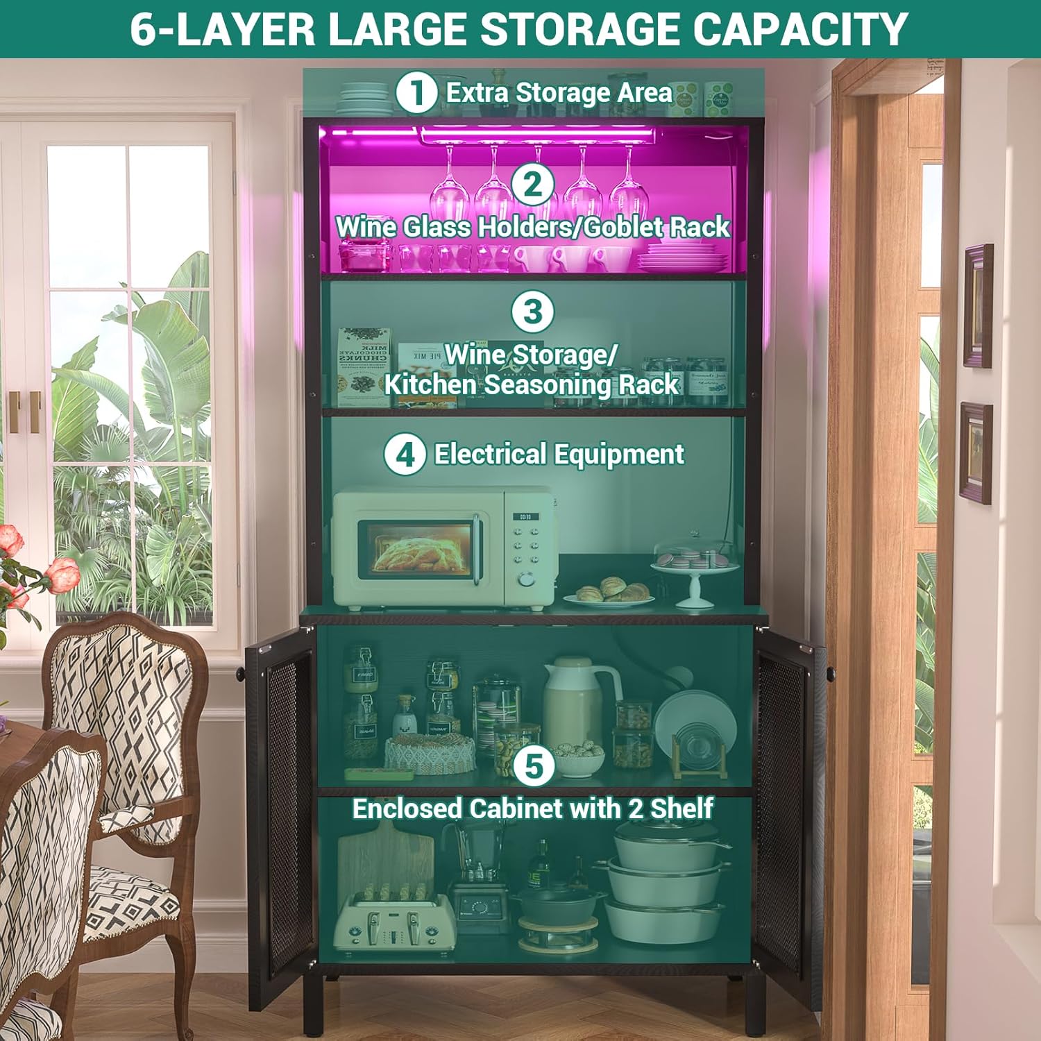 Aheaplus Bar Cabinet 6-layer storage capacity diagram