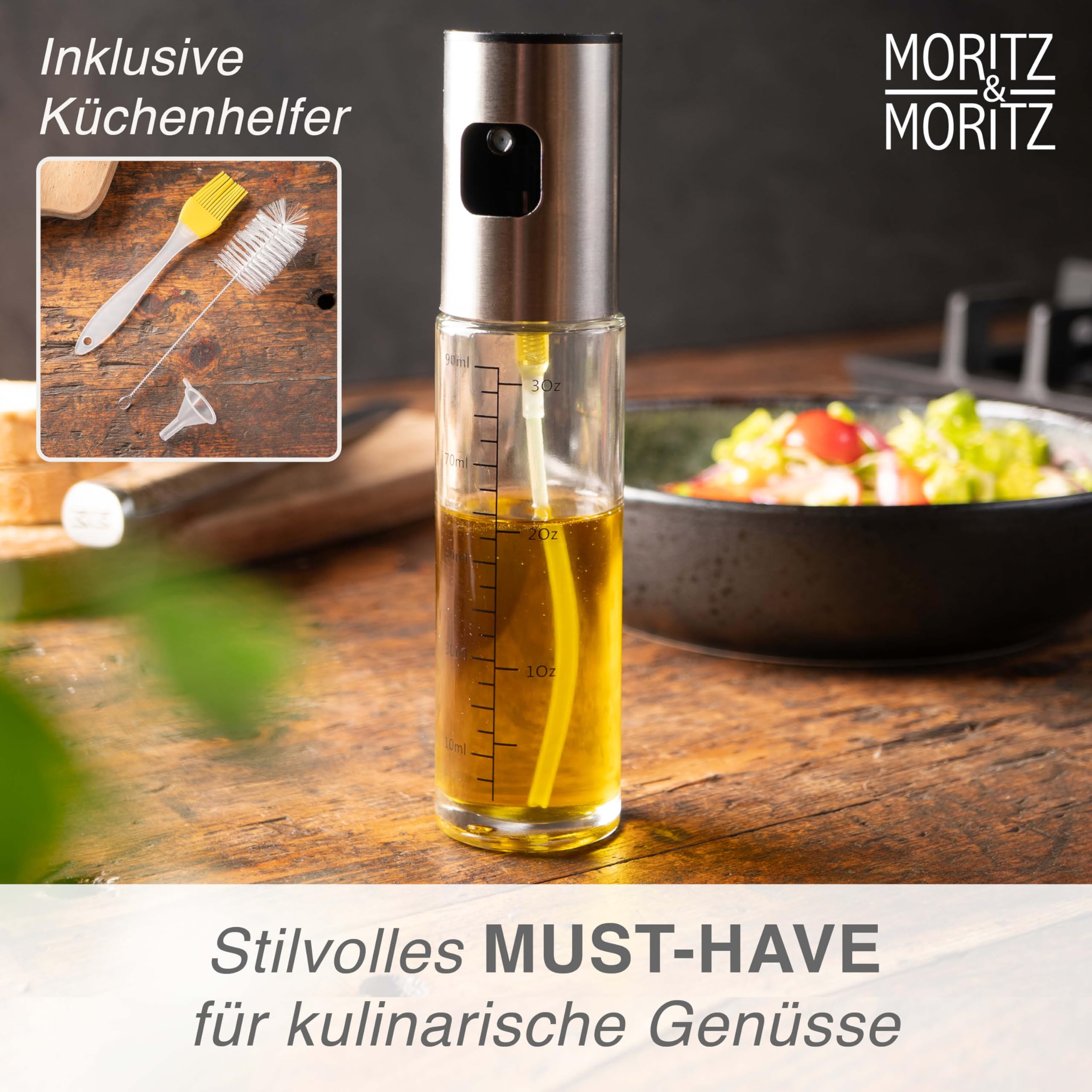 Moritz & Moritz Opryskiwacz do oleju 90 ml – kompaktowa butelka ze szkła z rozpylaczem oleju do kuchni, grilla i frytkownicy – nadaje się do oleju, octu, wody i sosu sojowego – ze szczotką i
