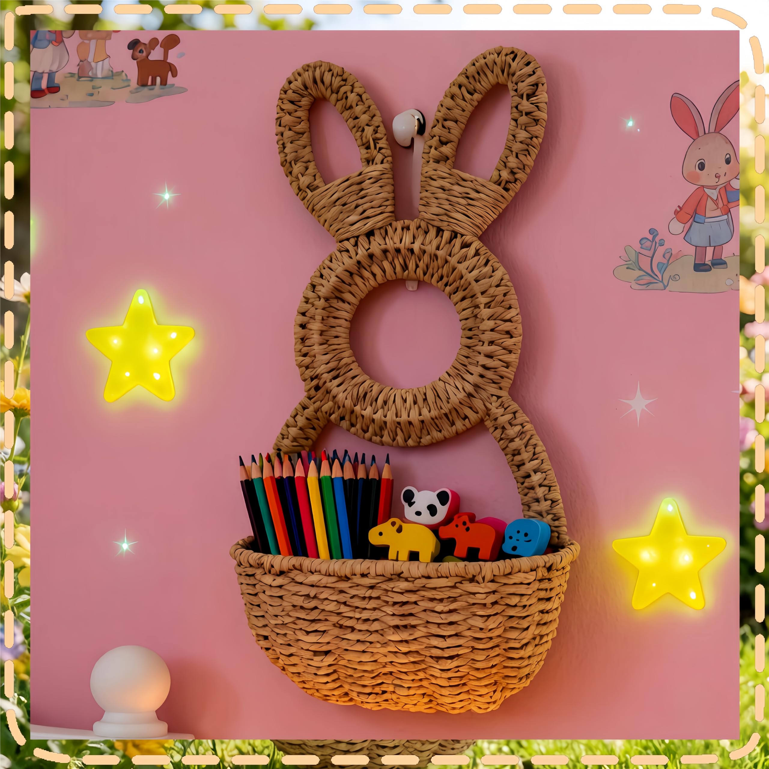 Cestino da porta a forma di coniglietto intrecciato a mano, decorazione pasquale primaverile da appendere alla parete, con tasca portaoggetti da appendere alla casa, per dolcetti pasquali