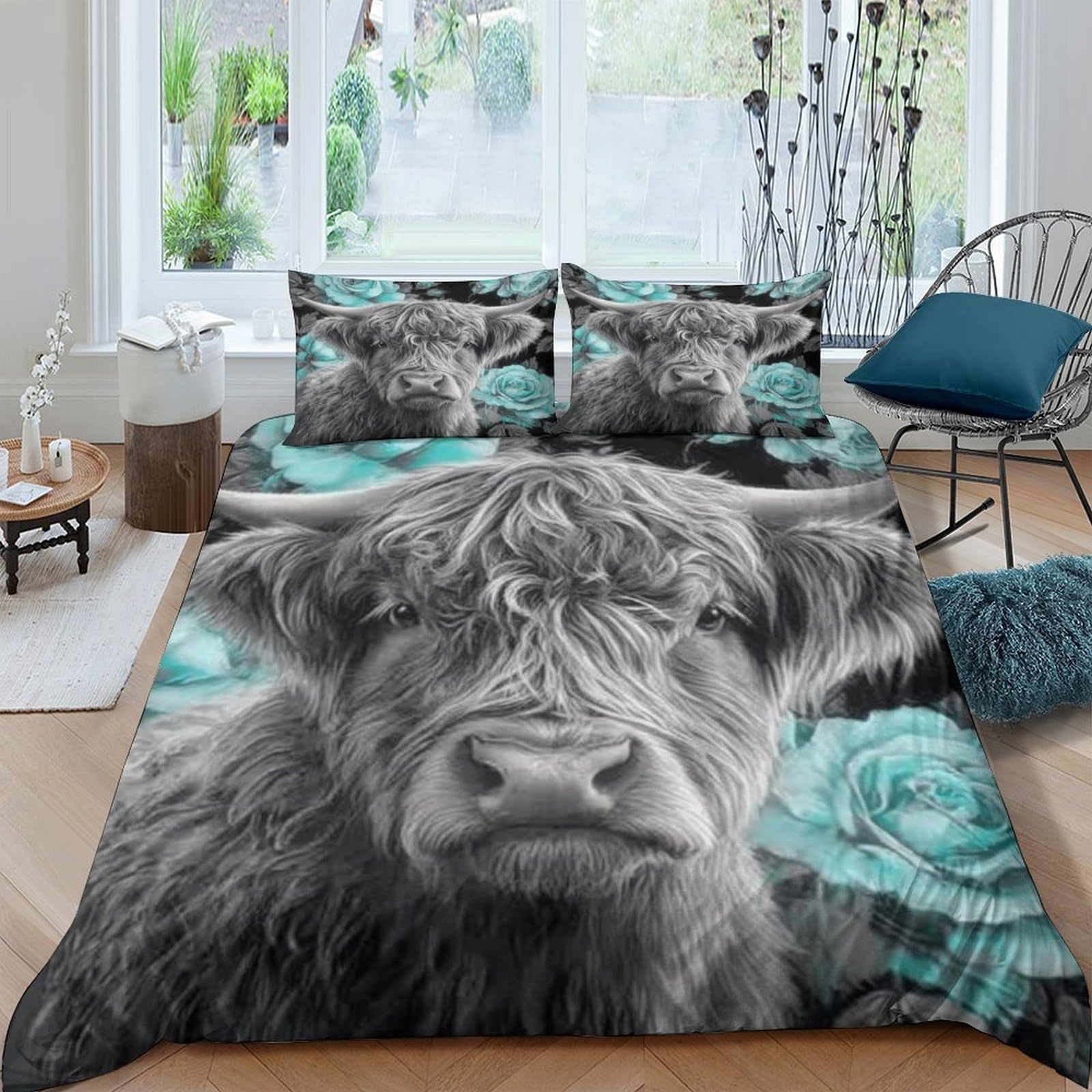 Ctjqhvkz Style-7 3D Printed Highland Cow Fitted Sheet Microfiber Blue Rose Mattress Cover For Bedroom Guest Room Easy Care Anti-Slip Single（135X200cm）