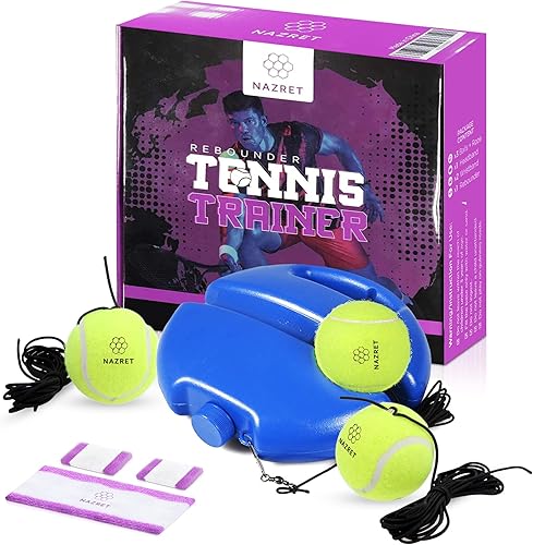 Miniatura 7 de NAZRET - Juego de entrenamiento de tenis rebotador, equipo de práctica de entrenador de tenis solo con diadema, pulseras, bolsa con cordón, 3 bolas,