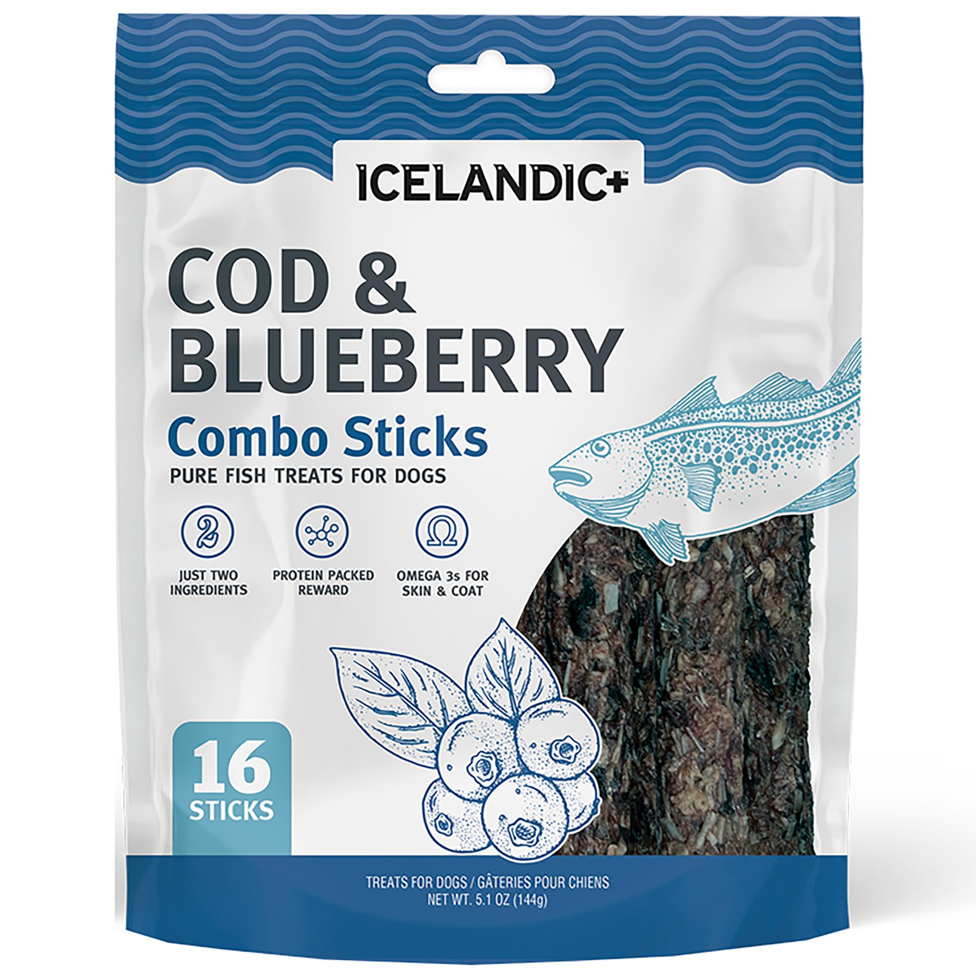Icelandic+ Combo Sticks: Cod & Blueberry - 16ct, 5.1oz Bag - Dog Treats, 2 Ingredient Pet Snacks, Wild Caught Fish, Slow Baked, Crunchy Natural Chews