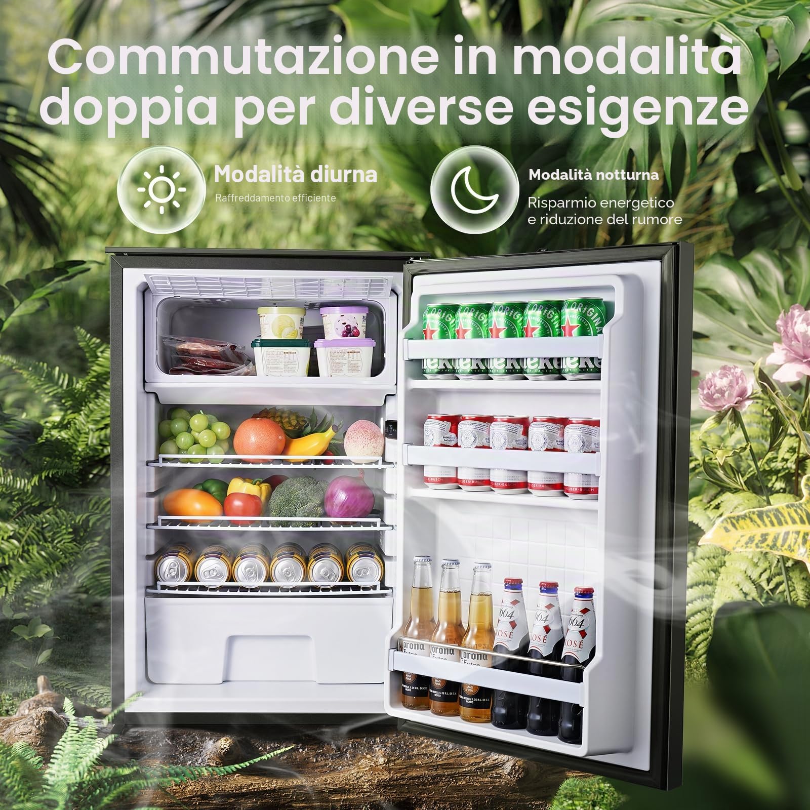 AAOBOSI 110L Frigo Portatile, Due Zone Di Temperatura, Frigo Da Campeggio con Luce LED, 12/24V DC, Grande Capacità, -15°C a 10°C, Per Auto, Camper, Fuoristrada, Camion, Barche, Campeggio e Viaggi