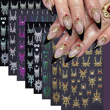 8 Sheets Halloween Nail Stickers for Nail Art Crystal Diamond Spider Web Design Nail Decals Self-Adhesive Spider Heart Spider Web Nail Design Nails Supplies Festival DIY Manicure Decoration for Women