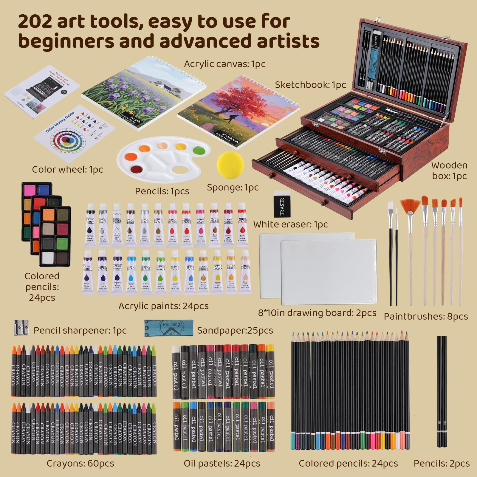 MAMIZO 202-Teiliges Premium Malset,Malkoffer mit Wachsmalstiften,Buntstiften,Ölpastellen und Acrylfarben,Staffelei und Holzkiste,Malset für Kinder & Anfänger,Ideal für zu Hause,Schule,Plein Air Malen
