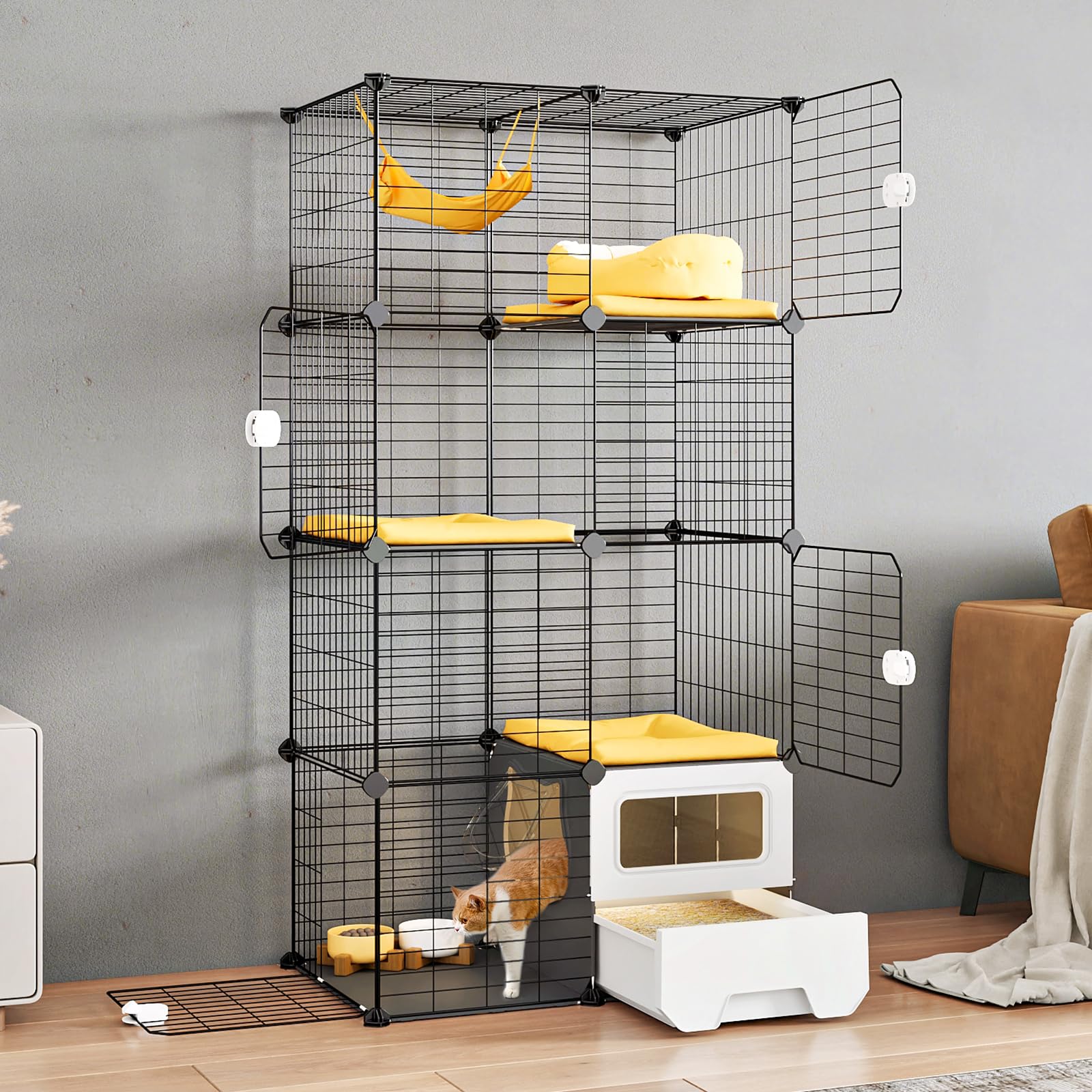 oneluck cat cage indoor with litter box 3-tier diy cat detachable metal wire kennel crate large exercise place ideal for 1-2 kitties