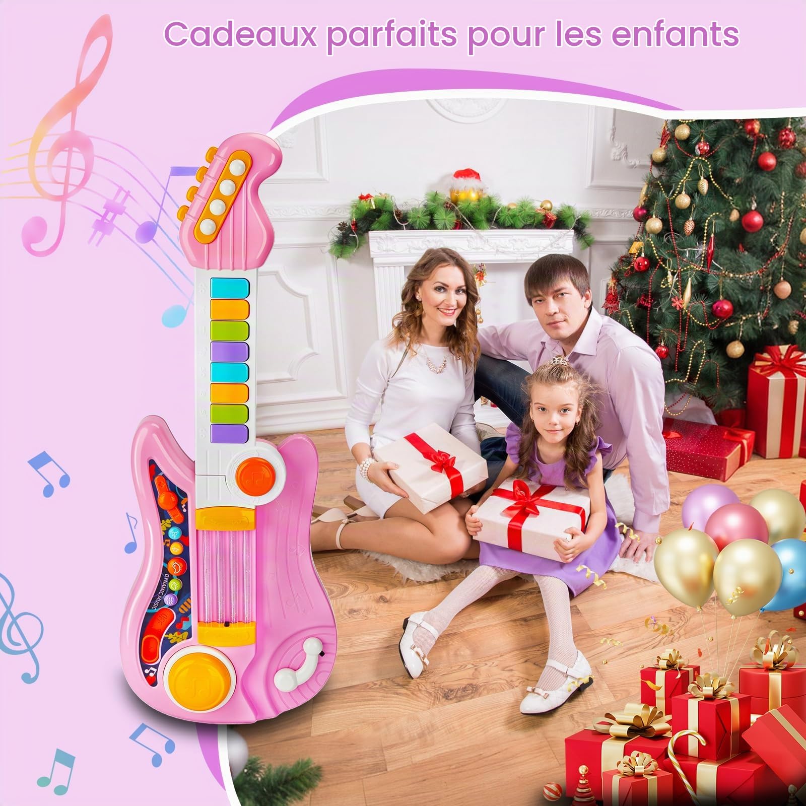 Guitare Électrique et Piano 2 en 1, Jouet Musical pour Enfant, 4 Modes de Jeu, Rose, Cadeau pour Enfants de 2 à 5 Ans