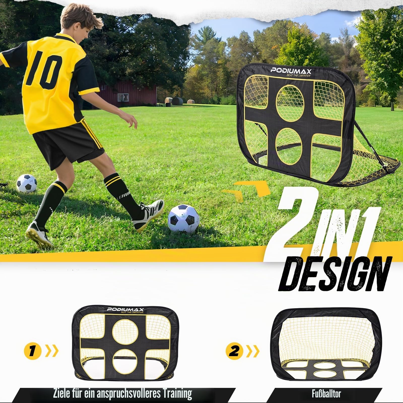 PodiuMax Fußballtor für Kinder im Garten, 2 in 1 Klappbares Pop-Up Fußballtore, Torwandtrainer für Indoor/Outdoor, Fußballtor Trainer mit Tragetasche, 120 * 80 * 80cm