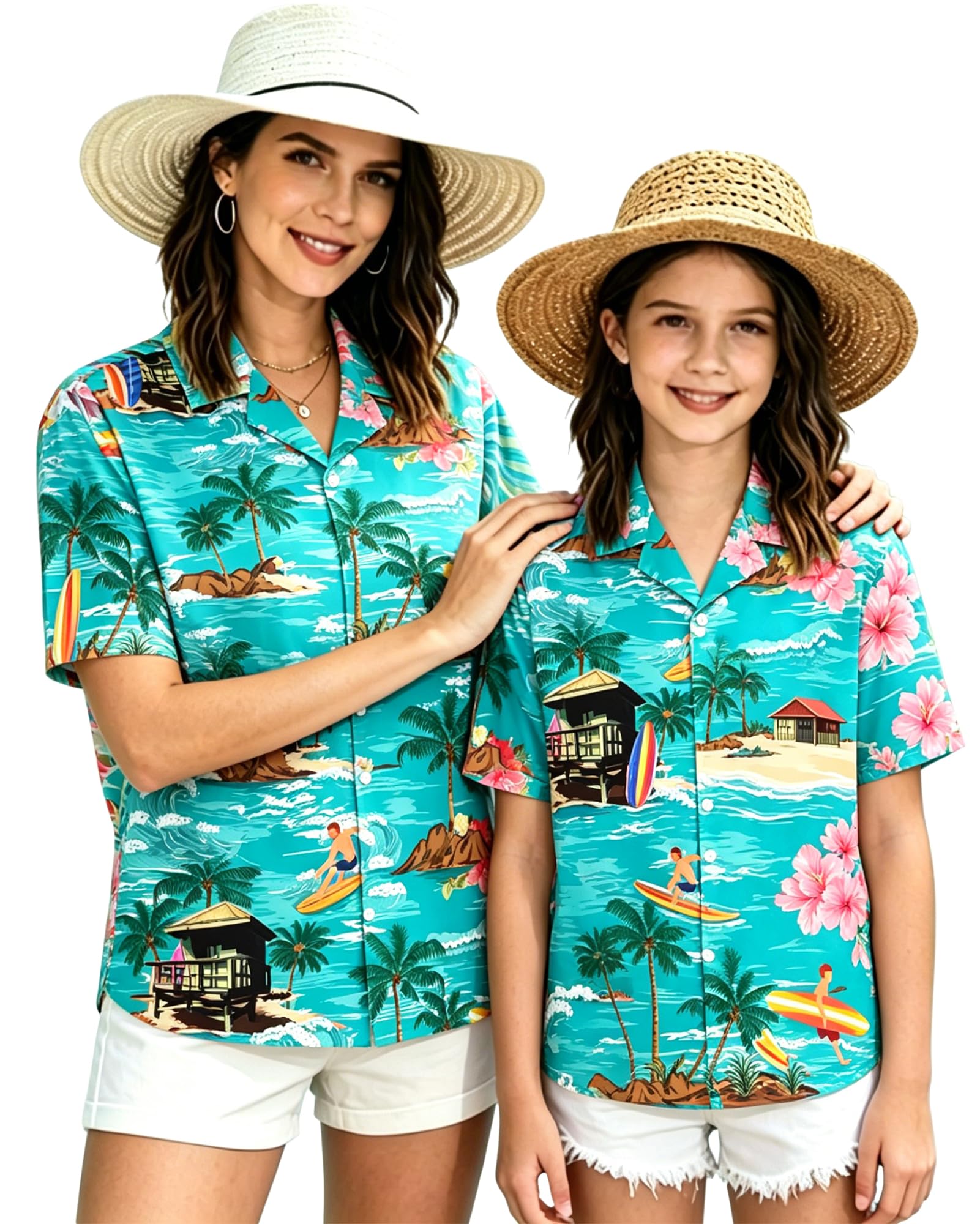 SANGTREE Girl's &amp; Women's Hawaiian Shirts Button Down Short Sleeve Shirts
