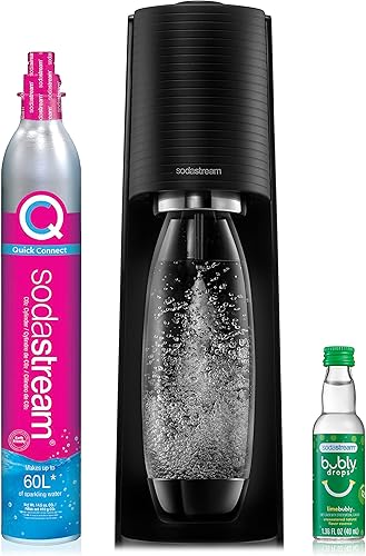 SodaStream Terra - Máquina de agua con gas (negro) con CO2, botella DWS y gota Bubly, funciona con pilas