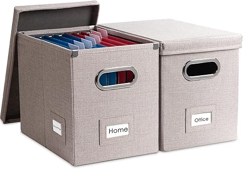 PRANDOM Caja organizadora de archivos, juego de 2 carpetas plegables decorativas de lino para almacenamiento de archivos colgantes con tapas,