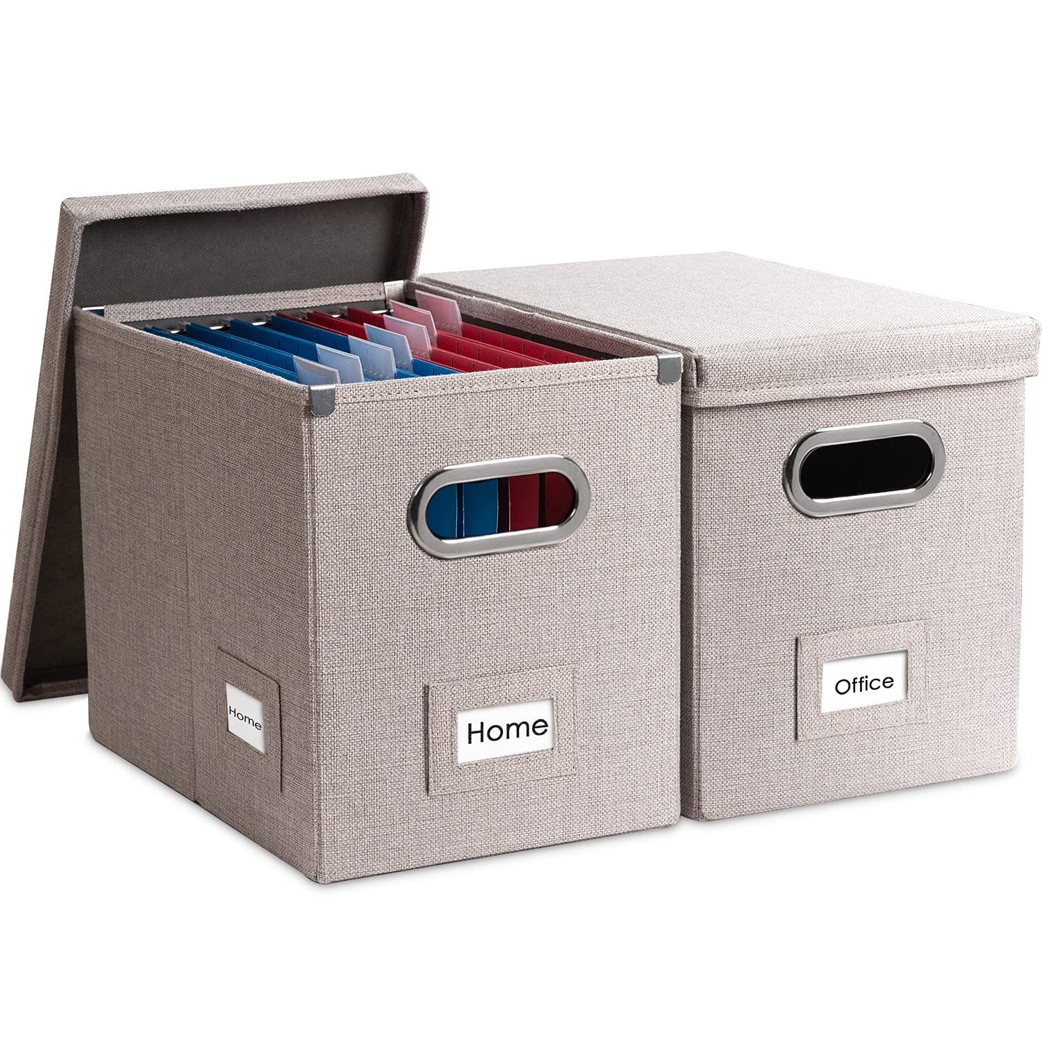 PRANDOM File Organizer Box - Set of 2 Collapsible Decorative Linen Filing Storage Hanging File Folders with Lids Office Cabinet Letter Size Light Grey