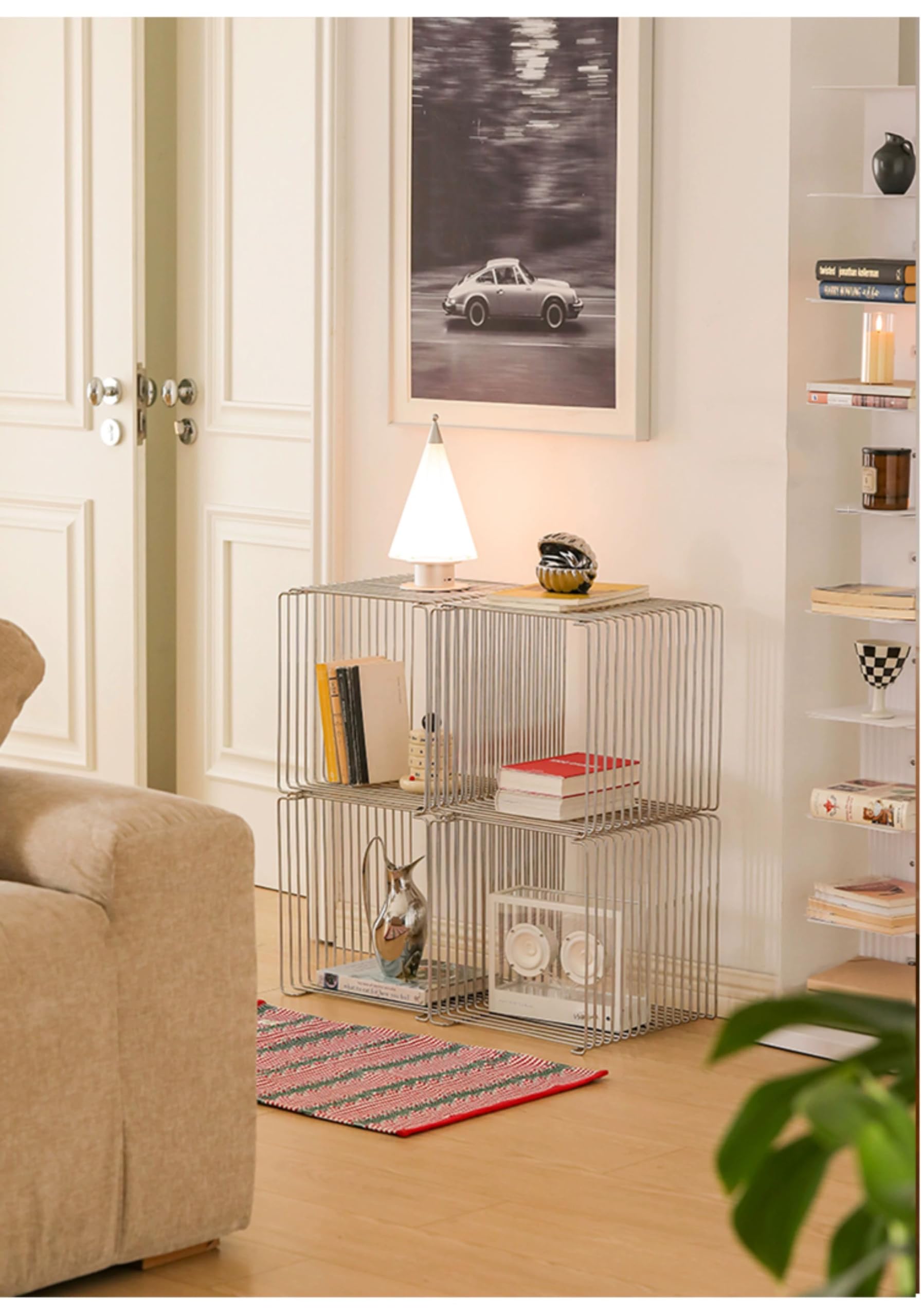304 Stainless Steel Side Table, Bookshelf Stackable | Square Geometry Retro Side Table Linear Metal End Table,Wire Cube Storage Rack,coffee table,Multi-Purpose Accent Table