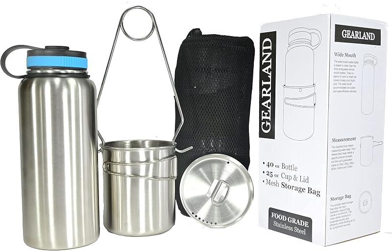 Stainless Steel Canteen, 40oz Single Wall Water Bottle with Nested Cup | Nested Camping Cup and Lid, Bug Out Bag, Bushcraft Gear, Wide Mouth, Mess Kit, Survival Water Bottle