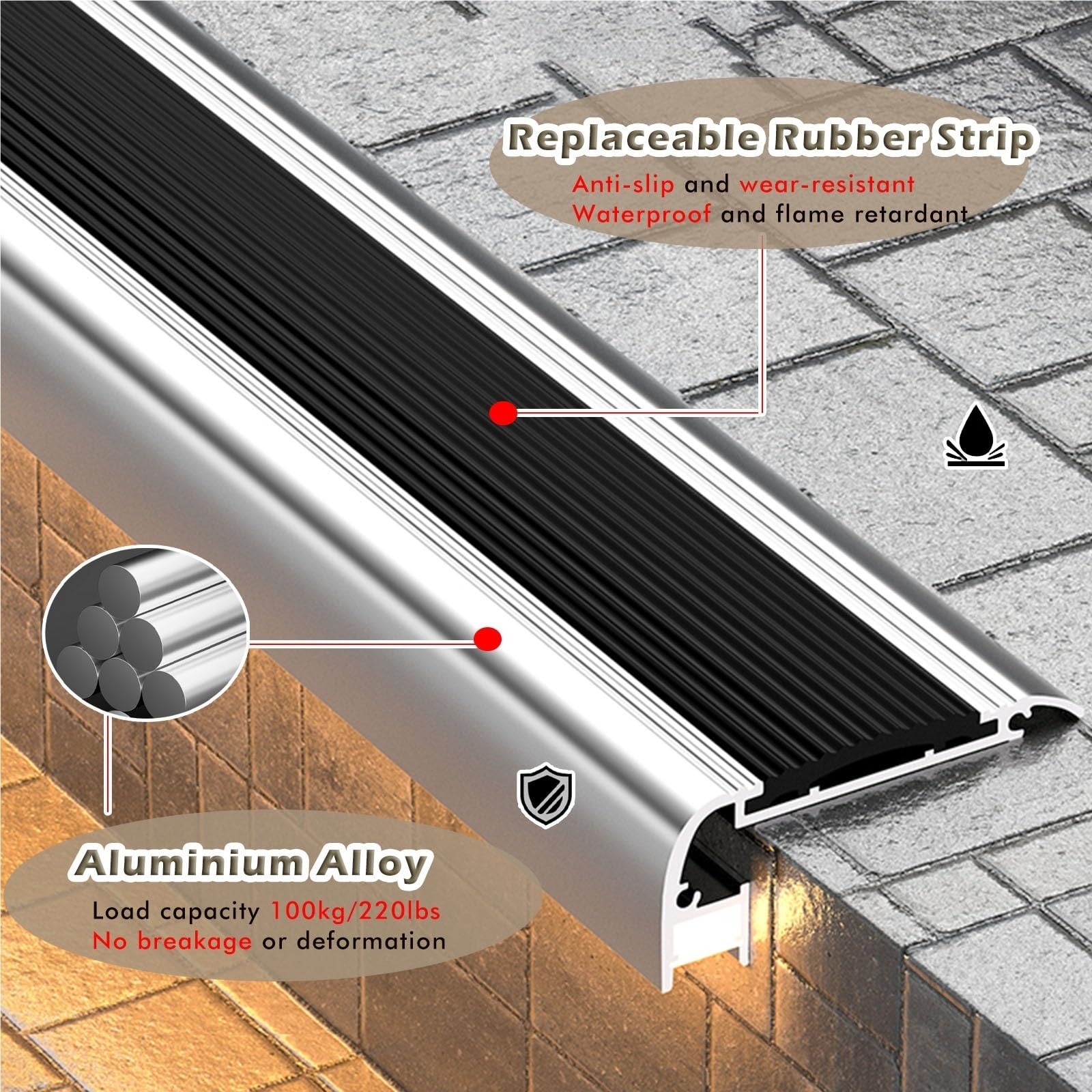 Borde de metal antideslizante para escalera, canal LED de 43 pulgadas con tiras de seguridad, paquete de 5 protectores de borde negro para perfiles de escalera