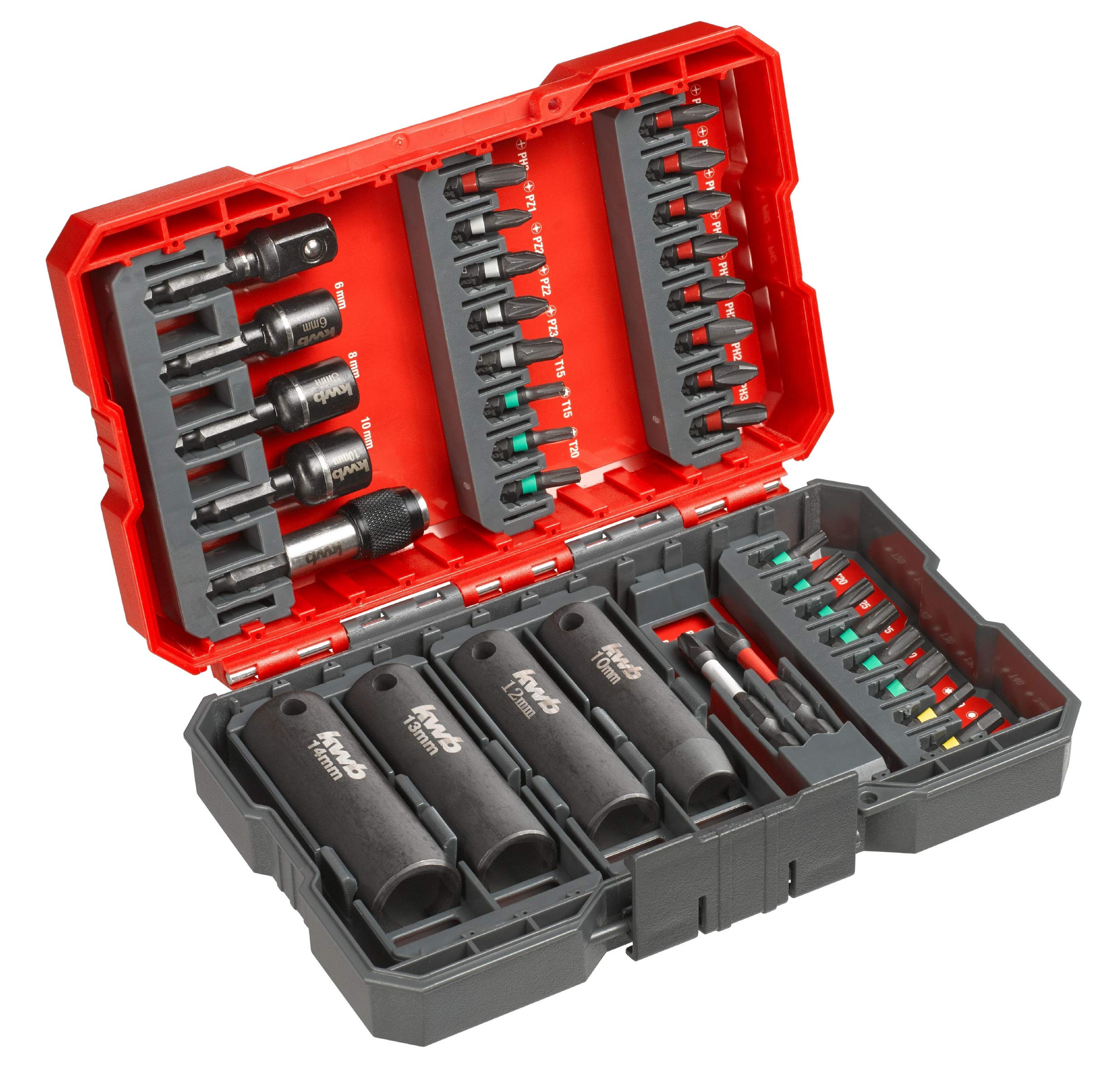 kwbBIT-BOX FOR IMPACT-/IMPACT WRENCH, 35-PIECE BIT SET WITH BIT HOLDER AND SHOCK-RESISTANT SOCKET ADAPTERS, E C 44626 SHAFTS
