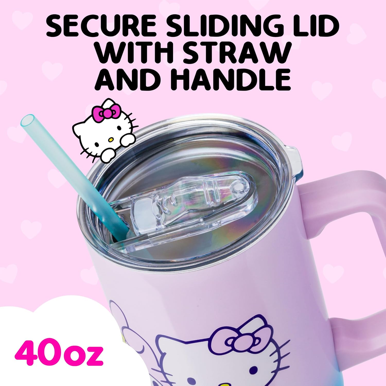 Silver Buffalo Sanrio Hello Kitty and Friends Featuring My Melody, Kuromi, Pompompurin Rainbow Ombre Double Walled Stainless Steel Tumbler with Handle and Straw, Fits in Standard Cup Holder, 40 Ounces - Image 4