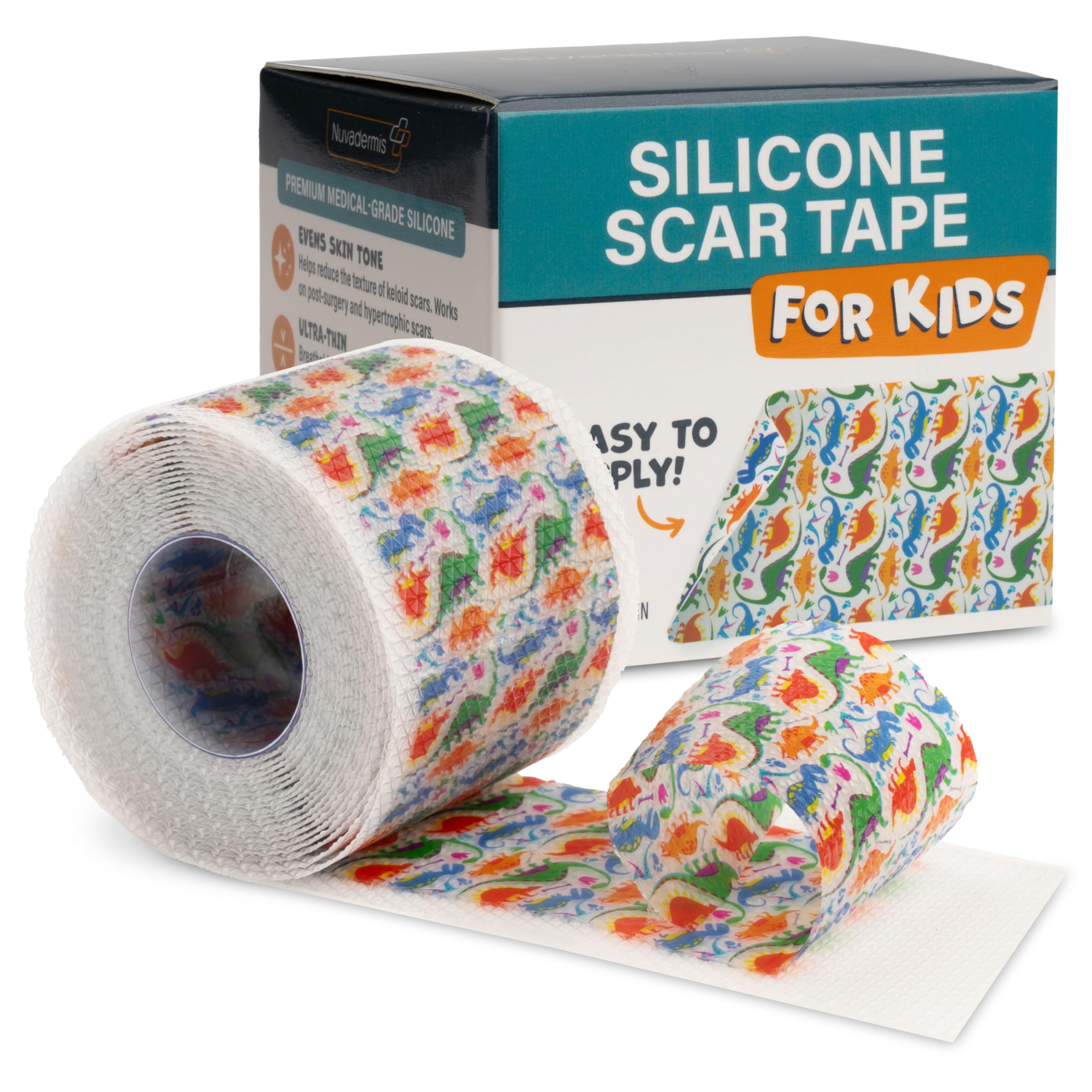 NUVADERMIS Silicone Scar Tape for Kids - Scar Tape for Surgical Scars - 120" x 1.5" Roll - Reusable Medical Grade Silicone Scar Tape for Children - 1 Pack - Dinosaurs