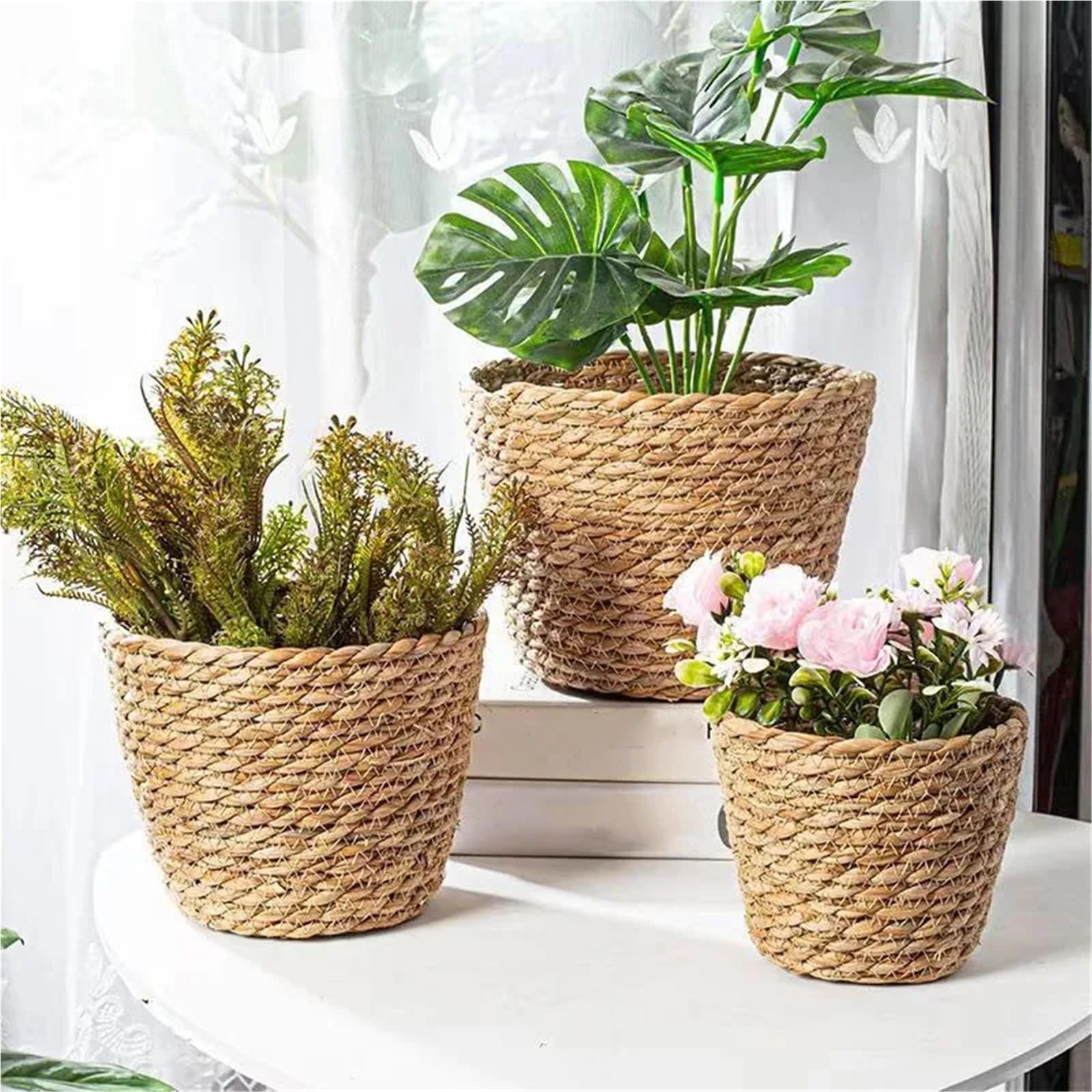 DUNSBY Woven Planter 3pcs Weaving Flower Plant Pot Pots Seagrass Basket Straw Planter Indoor Outdoor Containers(M 22x14x15cm)