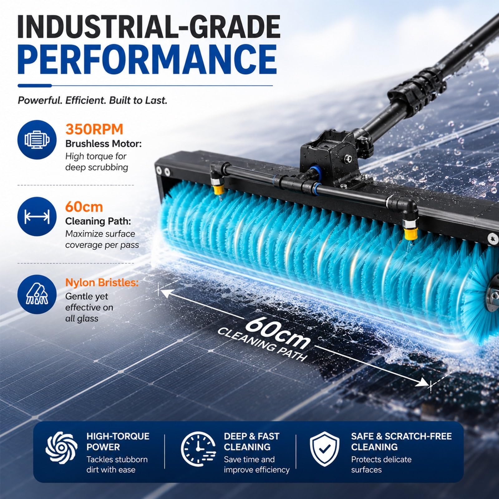 Equipo Limpieza Solar, Motor 350RPM, Cepillo Giratorio 60cm, Pértiga Telescópica 3,5m-7,5m, Dispositivo Mantenimiento PV Uso Profesional(5.5m)