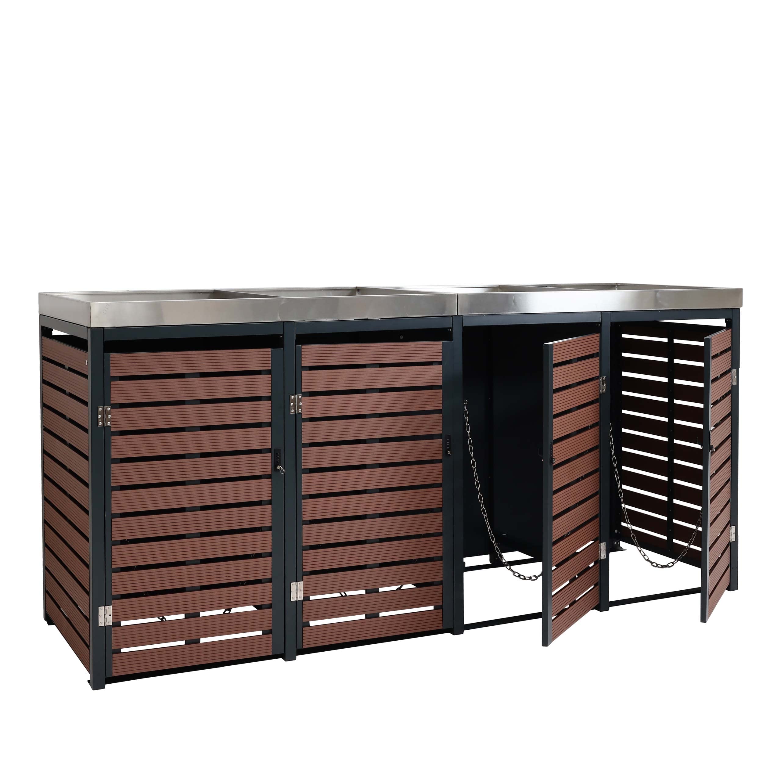 4x copribidoni box spazzatura rifiuti con fioriera HWC-K14 84x265x124cm metallo WPC marrone