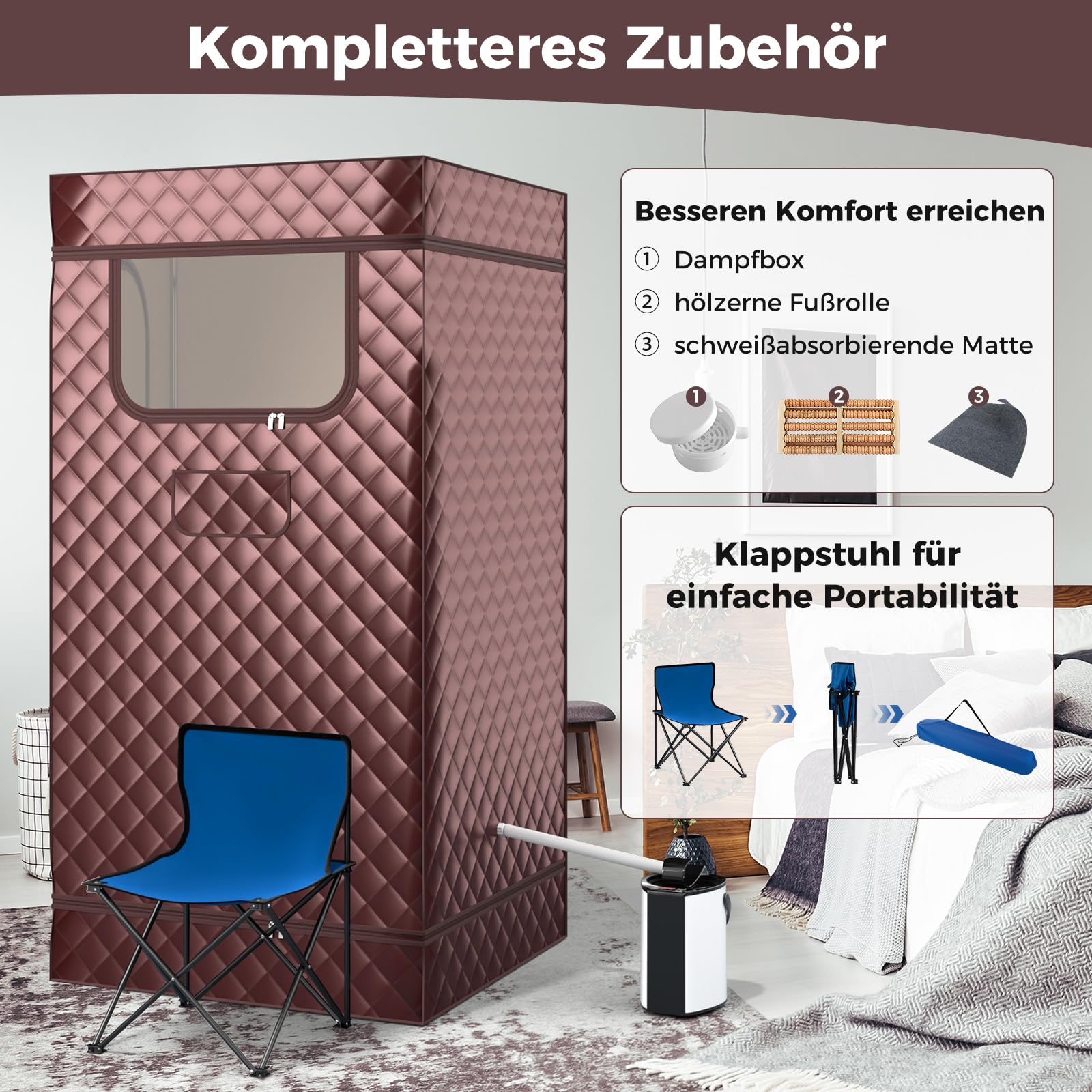 COSTWAY Dampfsauna Heimsauna für Zuhause, Ganzkörpersaunabox mit 3-Liter-Dampfgenerator, Fernbedienung, Fußmassagegerät & Klappstuhl, tragbare Saunazelt 91 x 91 x 183 cm (braun)