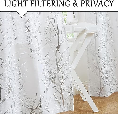 Miniatura 3 de FMFUNCTEX Cortinas metálicas con ojales para dormitorio, sala de estar, 54 pulgadas, estampado de árbol blanco y plata metálico, cortinas