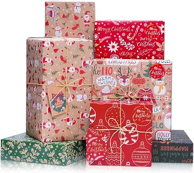 Rancco Christmas Wrapping Paper, 6 Sheets Red and Green Wrapping Paper Set with Tags Stickers and Ribbon, Brown Christmas paper for Xmas Winter Holiday New Year Party Decoration, 27.5x19.7inch