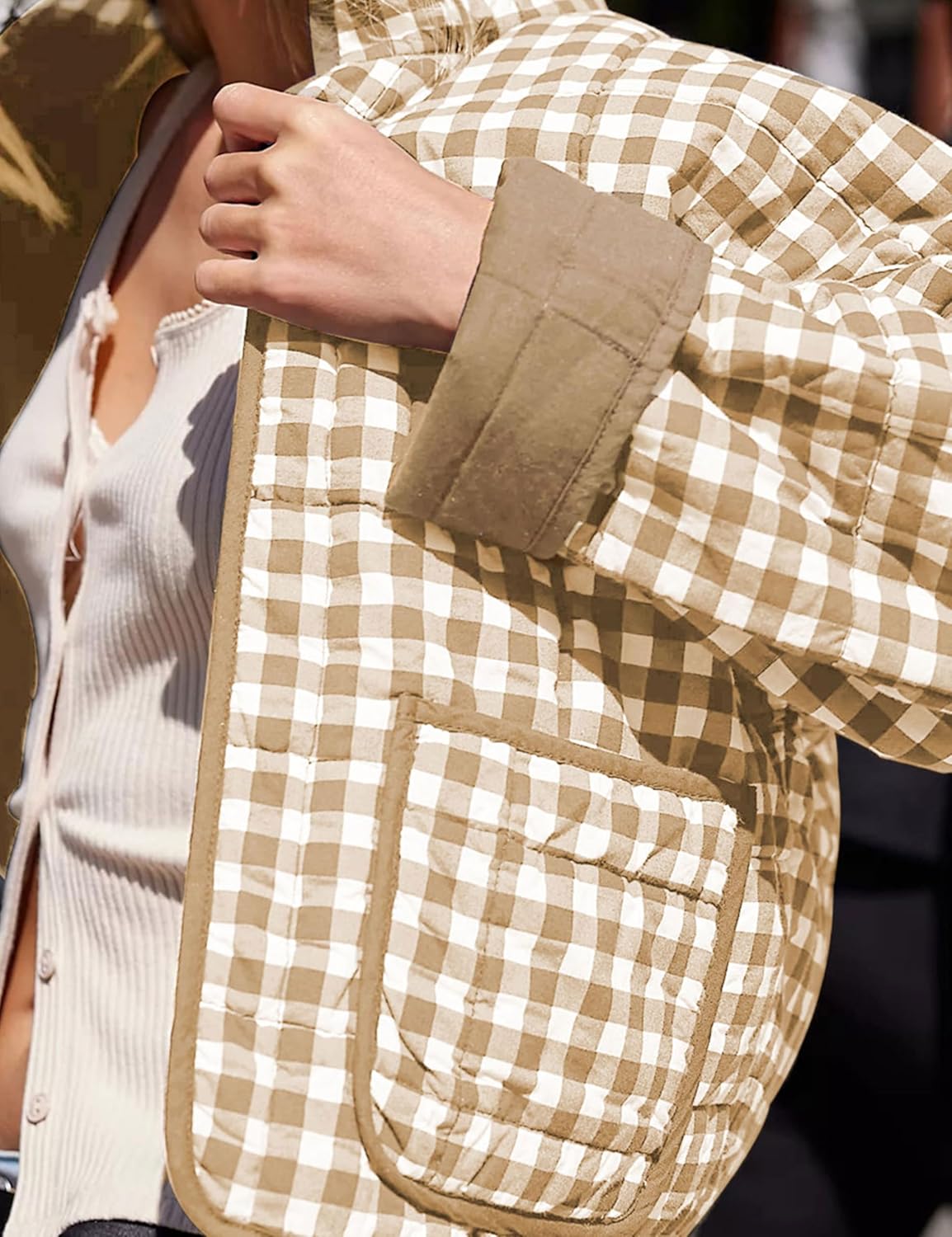 Zontroldy Women's Vintage Plaid Floral Print Cropped Puffer Quilted Jacket Lightweight Diamond Padded Coats - Image 5