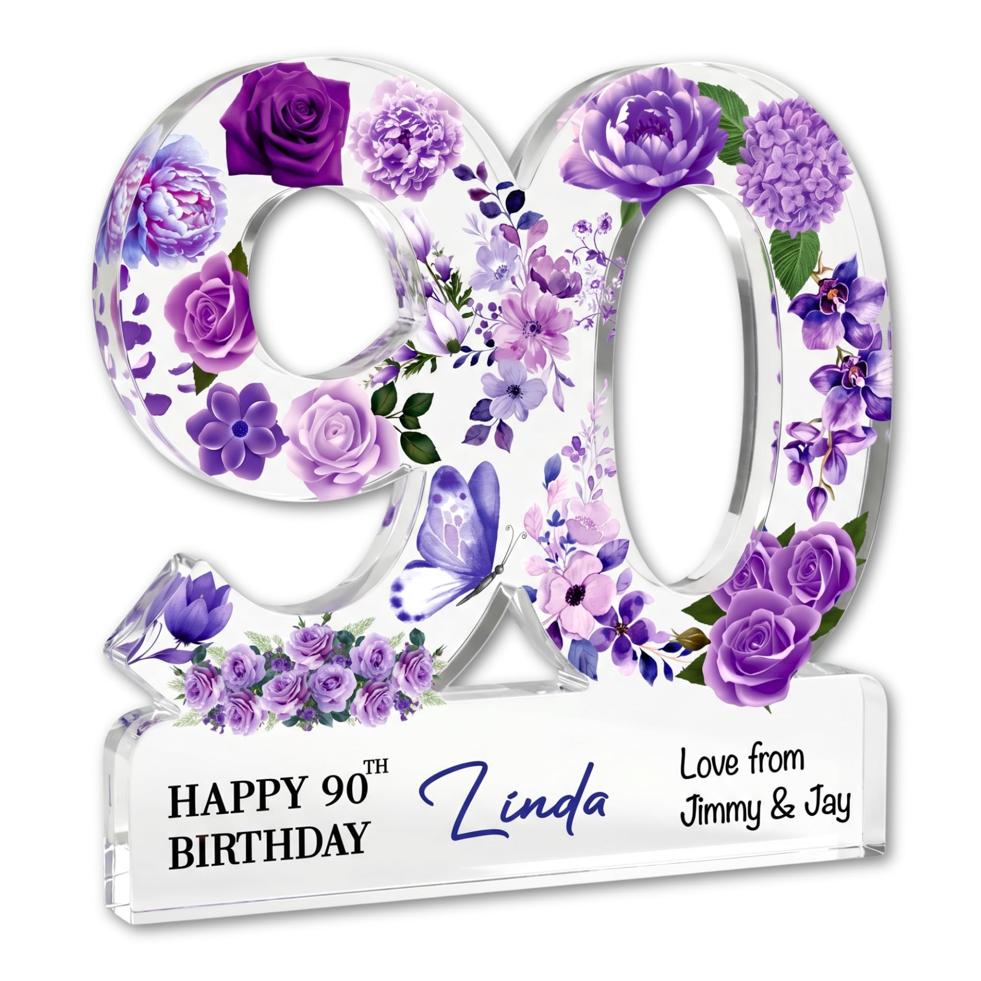 MyKeepsy Personalised 90th Birthday Plaque – Custom Name & Message Acrylic Keepsake, Floral 90 Decoration Gift for Women & Men, Available in 6 Colours (Purple Floral)