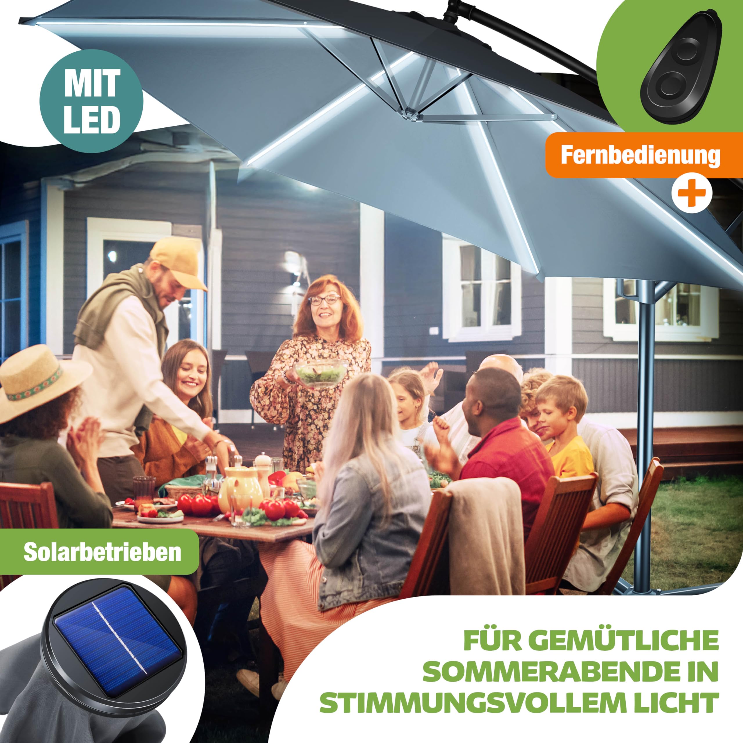KESSER® Sonnenschirm Solar Ø 300 cm/Ø 350 cm mit LED Beleuchtung, Ampelschirm mit Kurbel, Garten, Sonnenschutz, Gestell & Ständer aus Alu, UV-Schutz, wasserdicht + Windfest, 360° Funktion + Hülle