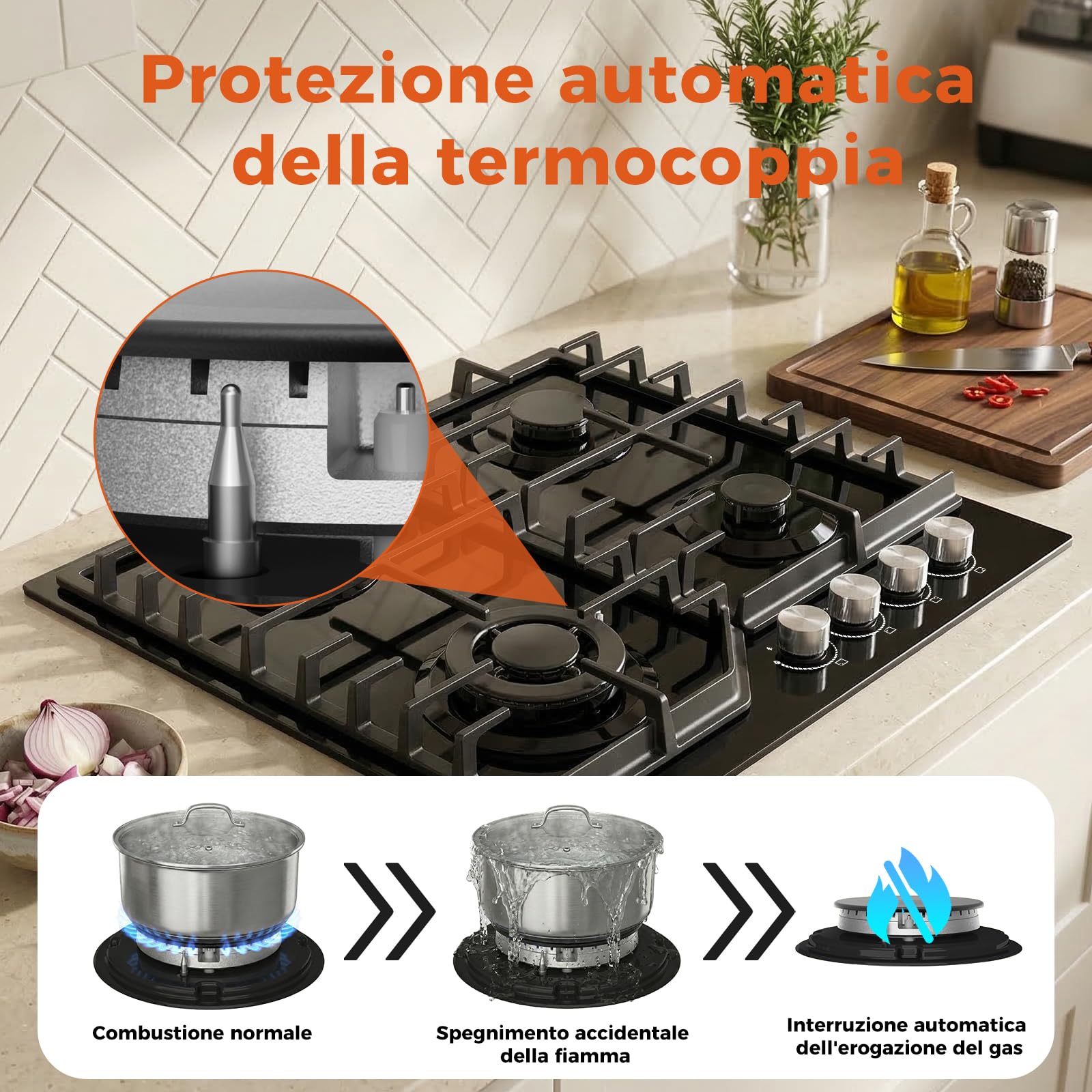 TOPWISH piano cottura gas incasso, piano cottura 4 fuochi gas, con Blu manopole illuminate, NG/LPG convertibile, protezione flame-out, accensione elettronica, 8000 Watt