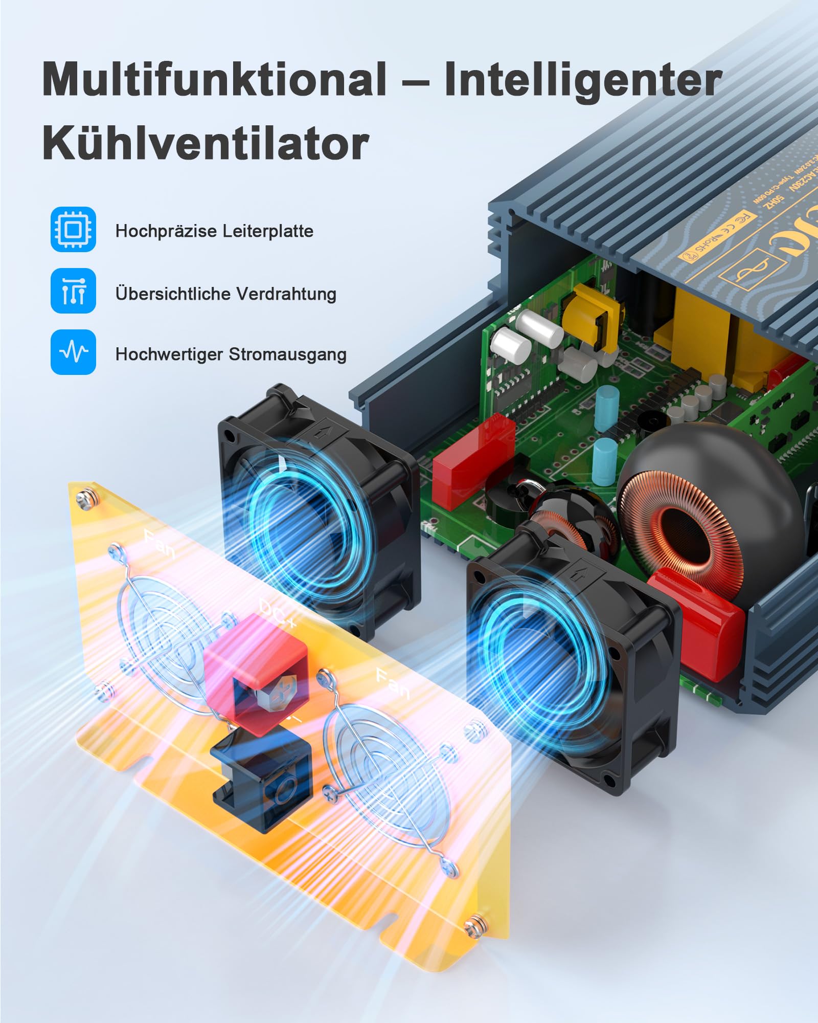 Convertidor de Voltaje 1200W/2400W Inversor de Onda Sinusoidal Pura 12V a 230V, Pantalla LCD para Autocaravana Camión Coche