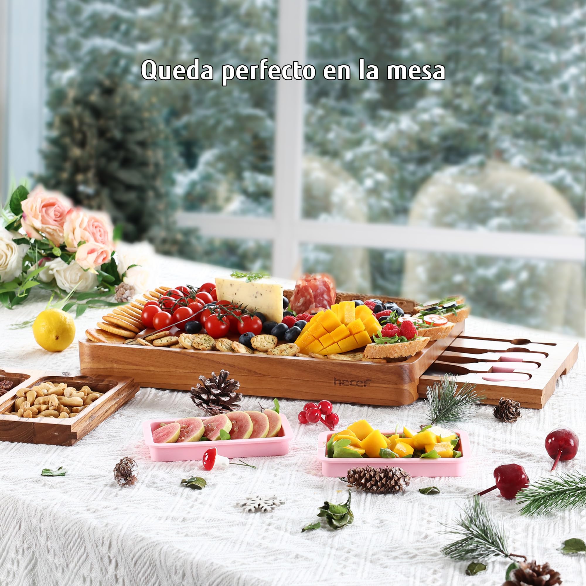 hecef Tabla de quesos Grande de Madera con Accesorios, 2 cajones