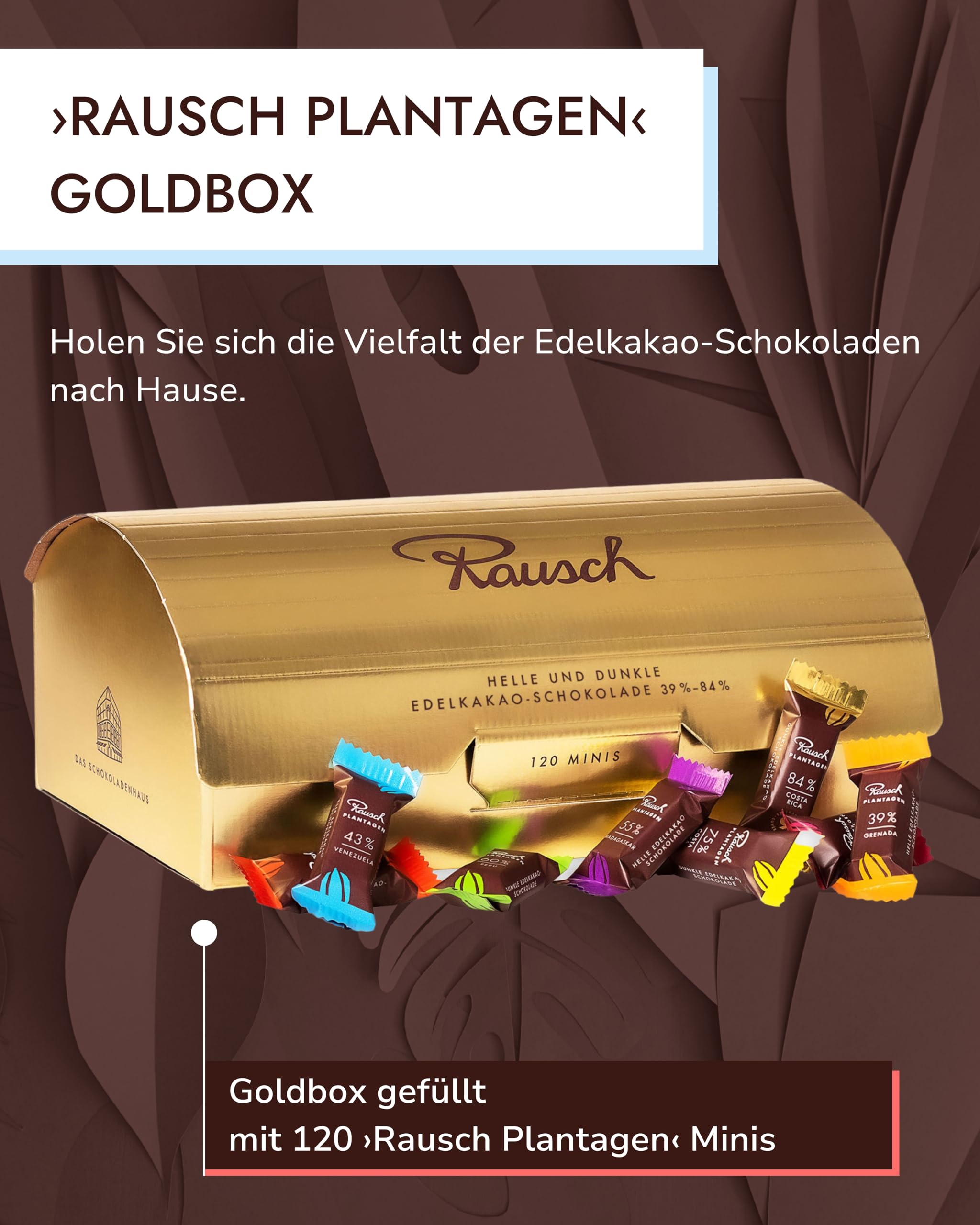 Rausch Plantagen Goldbox – Goldene Box gefüllt mit 120 Minis Schokolade aus purer Edelschokolade 39-84% – Schokolade aus aller Welt – Schokoladen Geschenkset