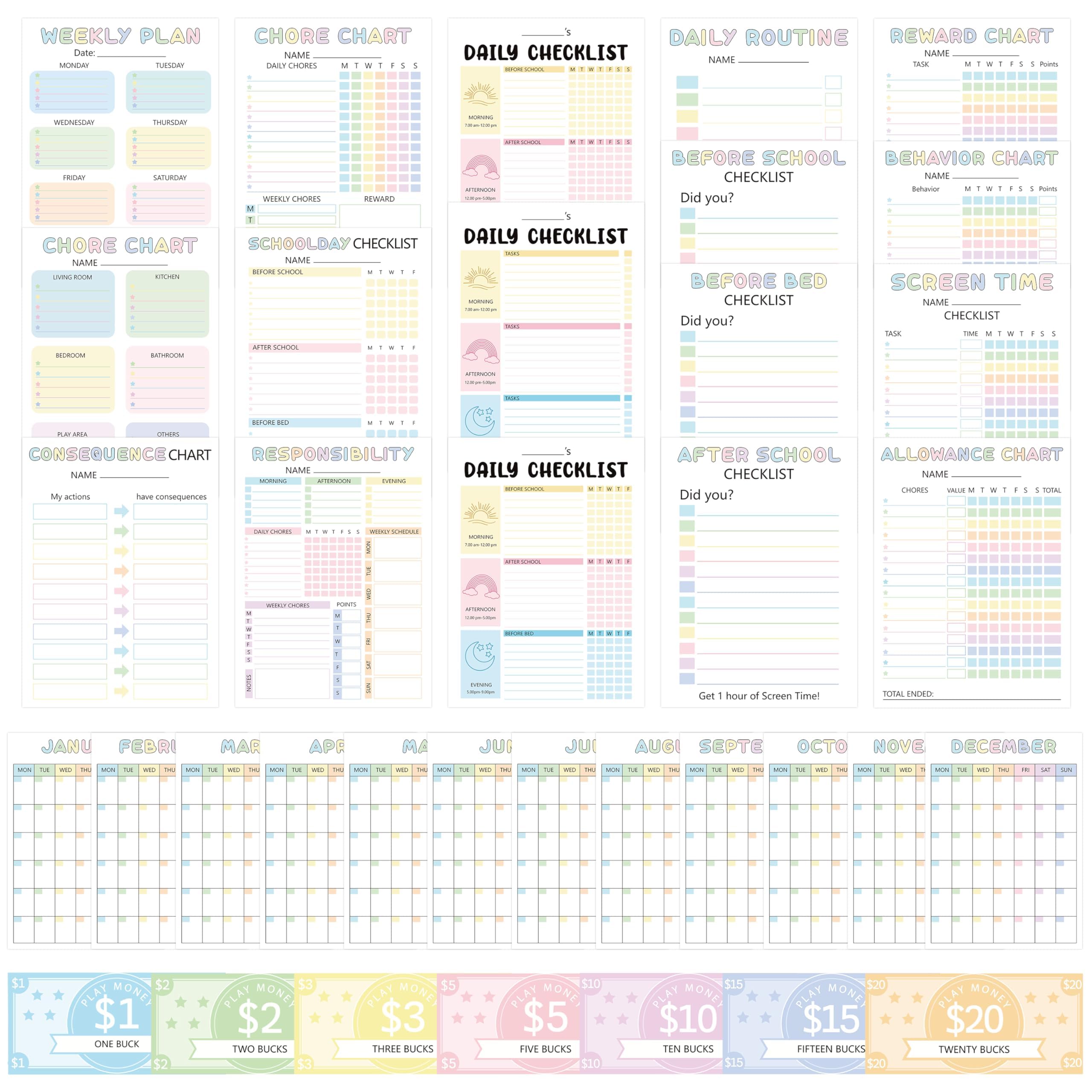 COcnny Good Behavior Reward Chart - 201pcs Prop Play Bucks Diary Behavior Chore Charts Points System Buck List for Kids, Daily Weekly Monthly