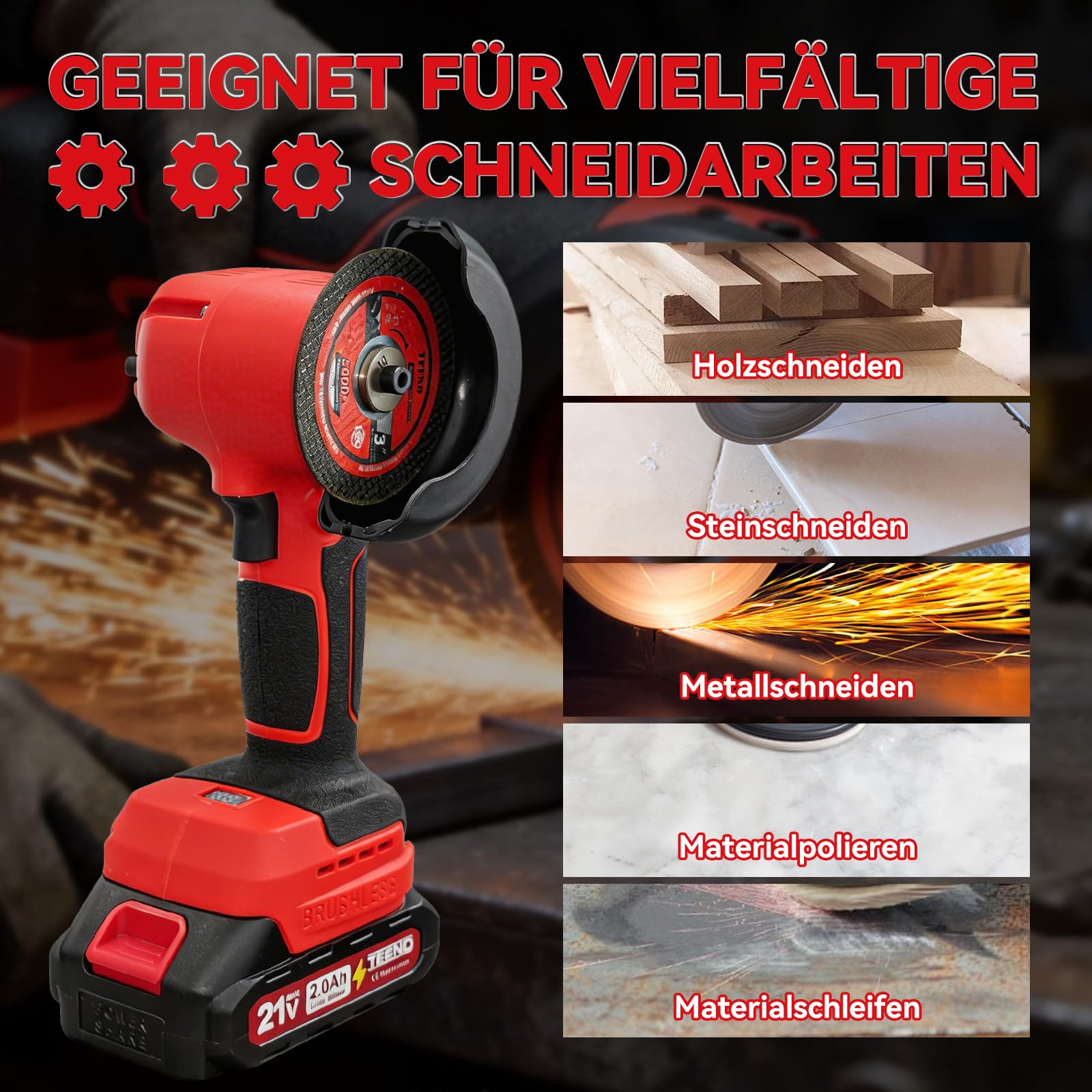 TEENO 21V Winkelschleifer mit Bürsten, 19500 U/min, inklusive 2 Akkus mit 1500mAh und 6 Schleifscheiben, professionelles Elektro-Trennschleifer Set geeignet für Metall, Holz und Fliesen