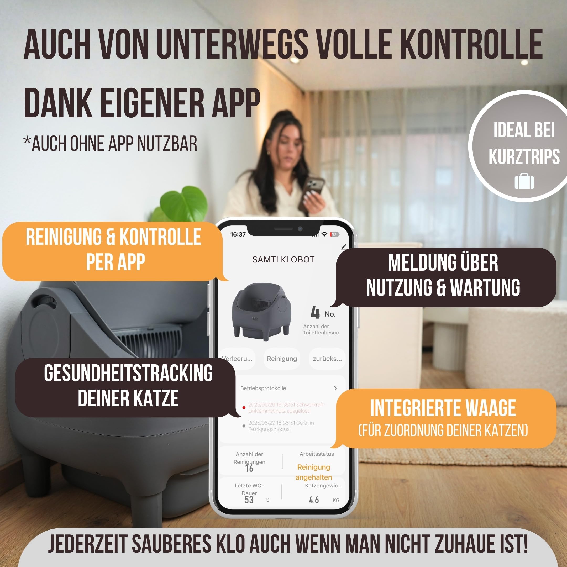 Katzenklo Selbstreinigend,15L XXL Behälter, Selbstreinigende Katzentoilette | SAMTI Klobot, für Mehrkatzen-Haushalte, Elektrisches Katzenklo groß & offen, automatisches Katzenklo XXL mit App Steuerung
