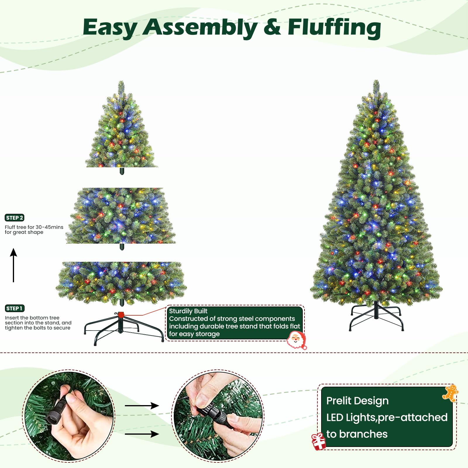 SHareconn 210 cm Arbol de Navidad Artificial con Luces Led, con 1062 PVC Puntas de Rama, con 400 Luces Blancas Cálidas & Multicolores y 12 Modos de luz, Soporte de Metal Plegable, Montaje Rápido