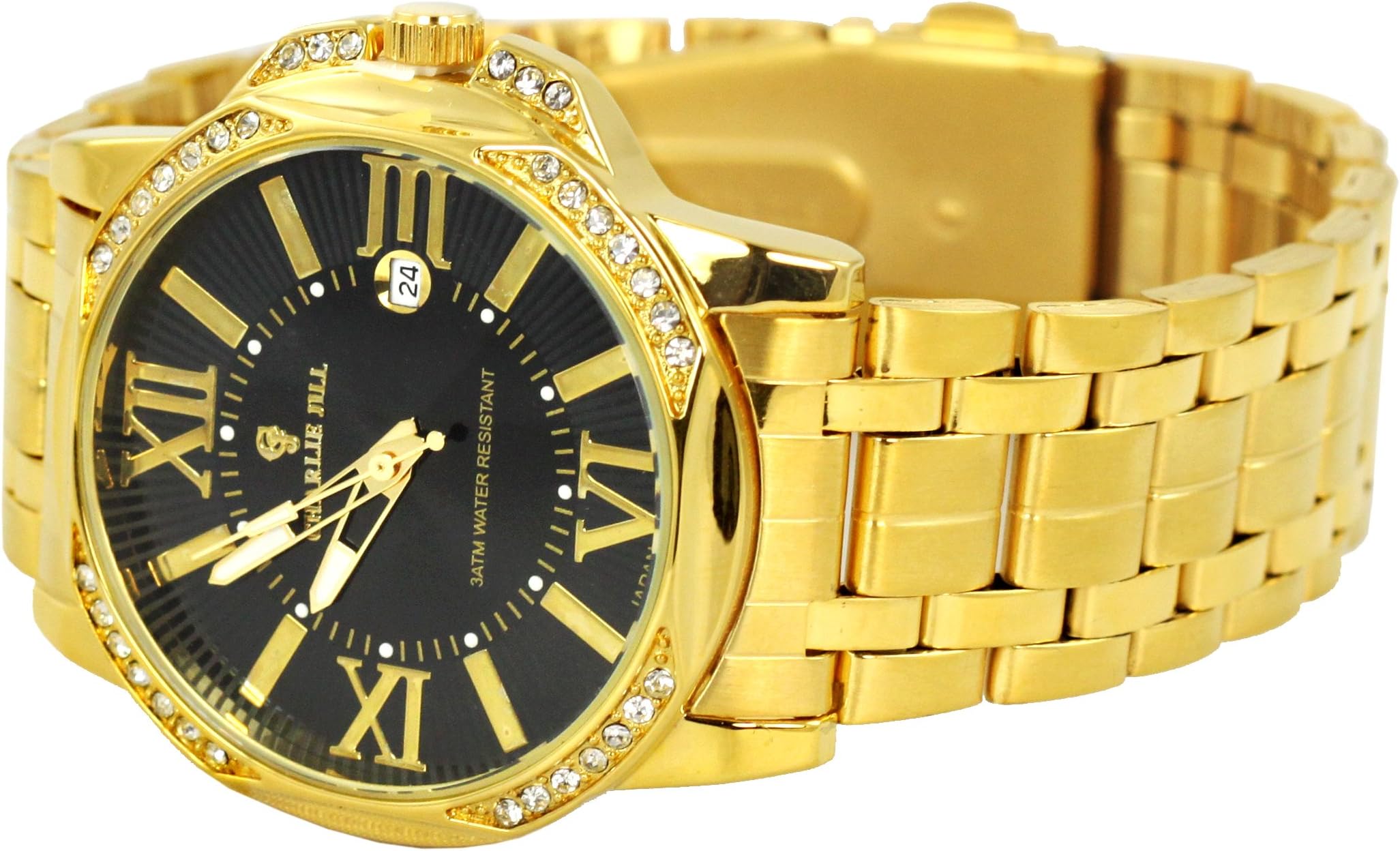 Men Watch in Black Dial 14K with Swavorski Crystal Stone