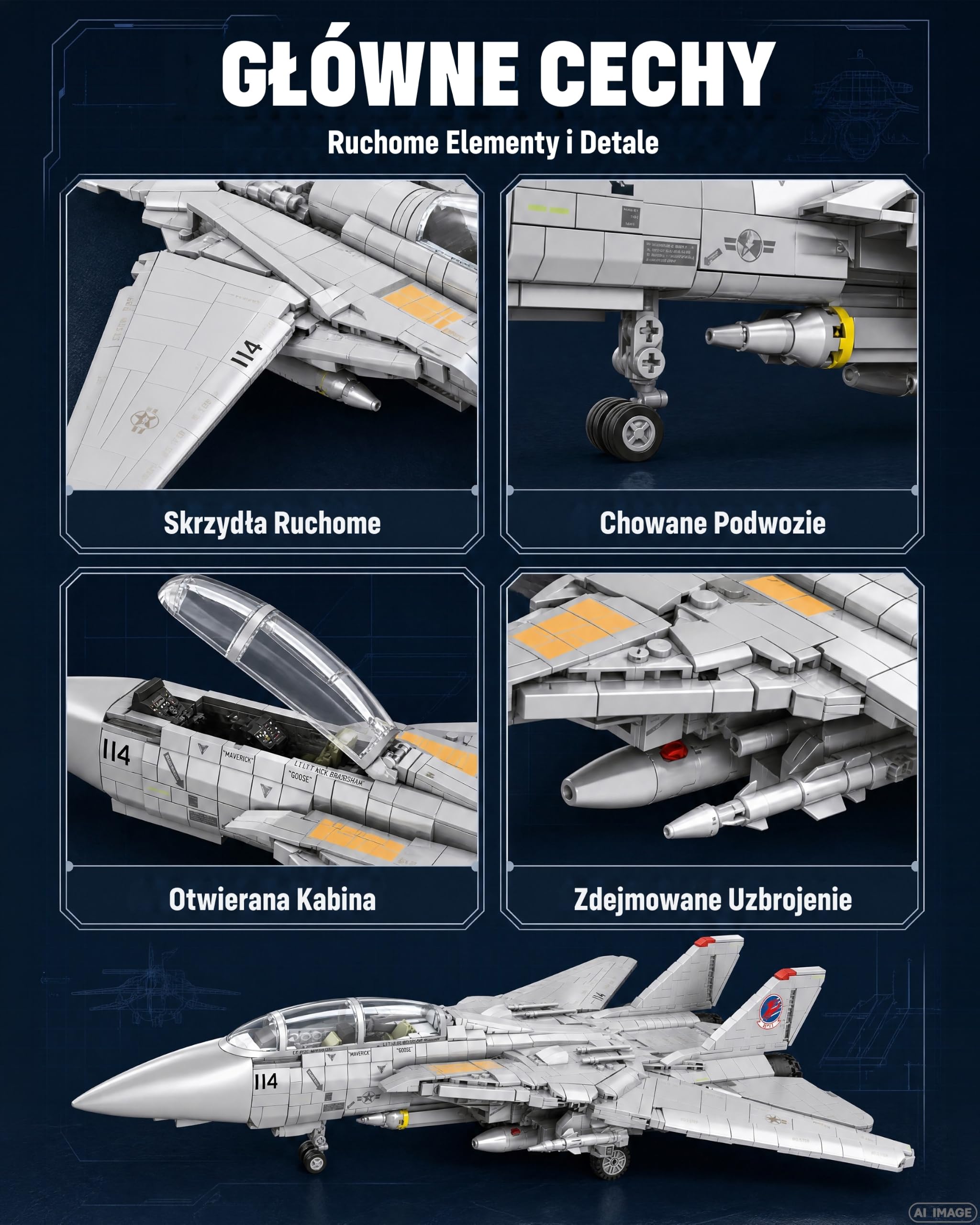 Revell Brick System 00963 Maverick's F-14A Tomcat Top Gun - zestaw modeli cegieł - skala 1:32 niezabudowana, długość 57,6 cm, ponad 2500 sztuk, zawiera figurki Maverick i Goose, stojak ekspozycyjny