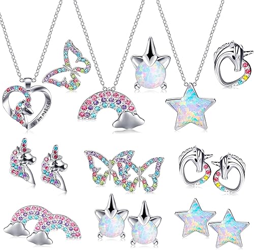 Paquete de 18 aretes y collar para niñas, collar de estrella de mariposa, corazón de unicornio, aretes para niños, accesorios de unicornio arcoíris