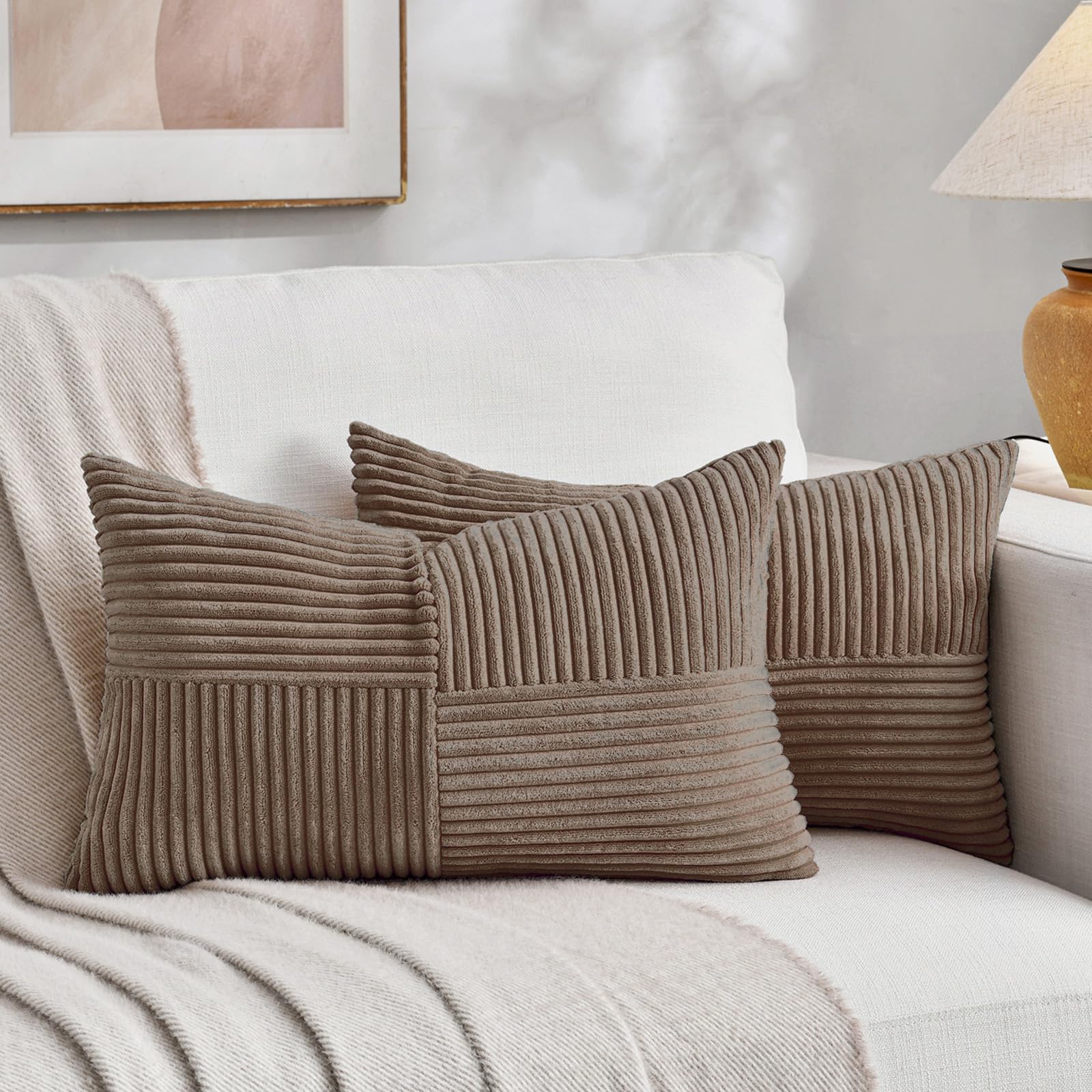 Fancy Homi Set of 2, Light Brown Patchwork Corduroy Decorative Soft Striped Modern Accent Cushion Case Farmhouse Boho Neutral Throw Pillow Covers for Chair Couch Bed Sofa Living Room 24x16 Inch โ image 1