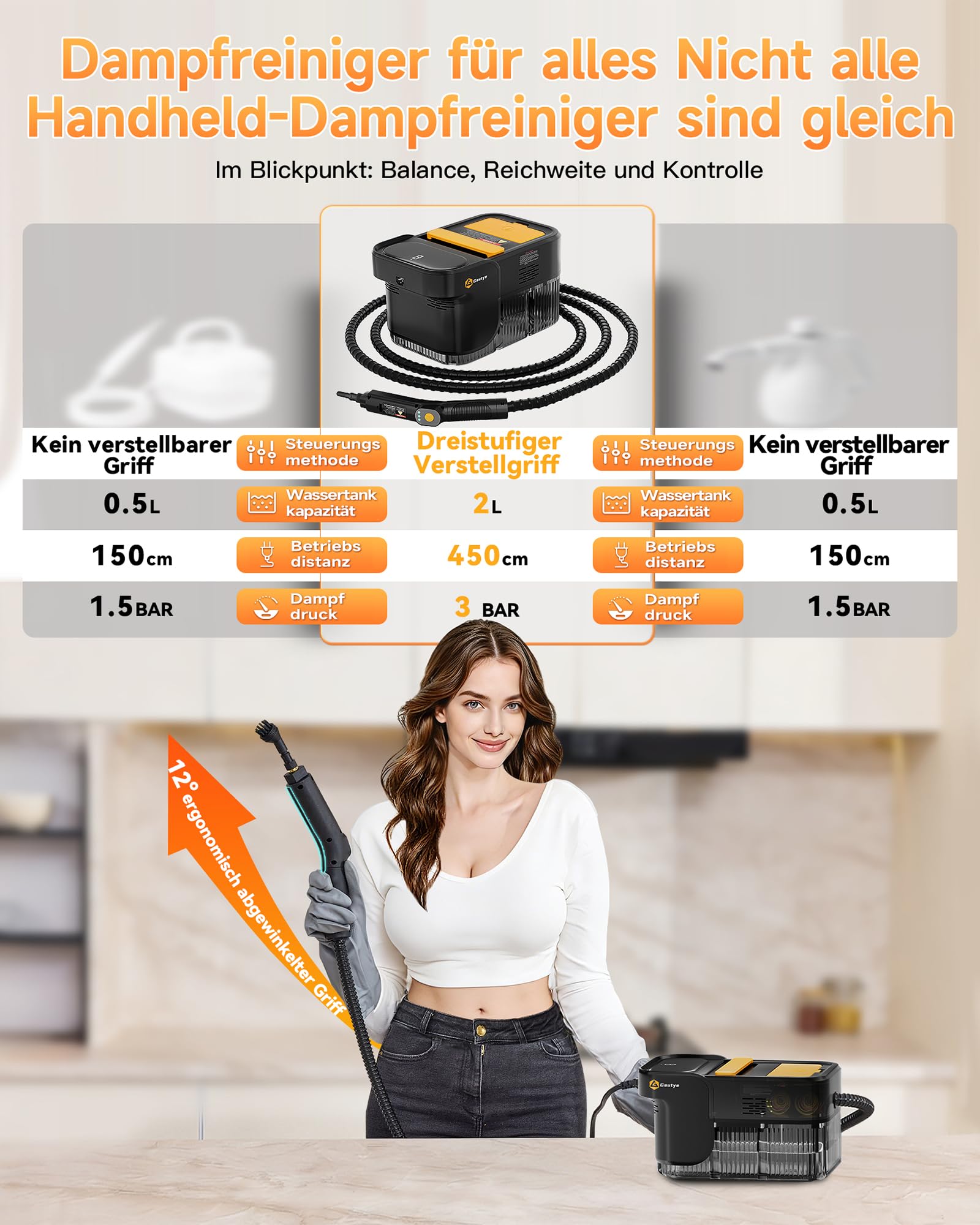 Gautye Pulitore a vapore 3 livelli con manico regolabile, 10 secondi di tempo di riscaldamento, serbatoio dell'acqua da 2 l, pulitore a vapore con 18 accessori, pulitore a vapore per cucina, bagno