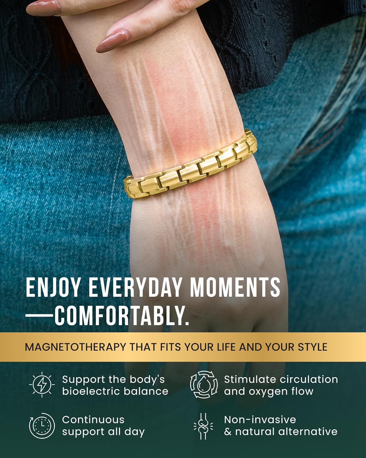 MagnetRX® Magnetic Bracelets for Women - EllipseMAX 5X Strength 5,000 Gauss Magnets - Designed in USA & PATENT PENDING - Premium Titanium Womens Magnetic Bracelet & Adjustable Length (Gold) - Image 2