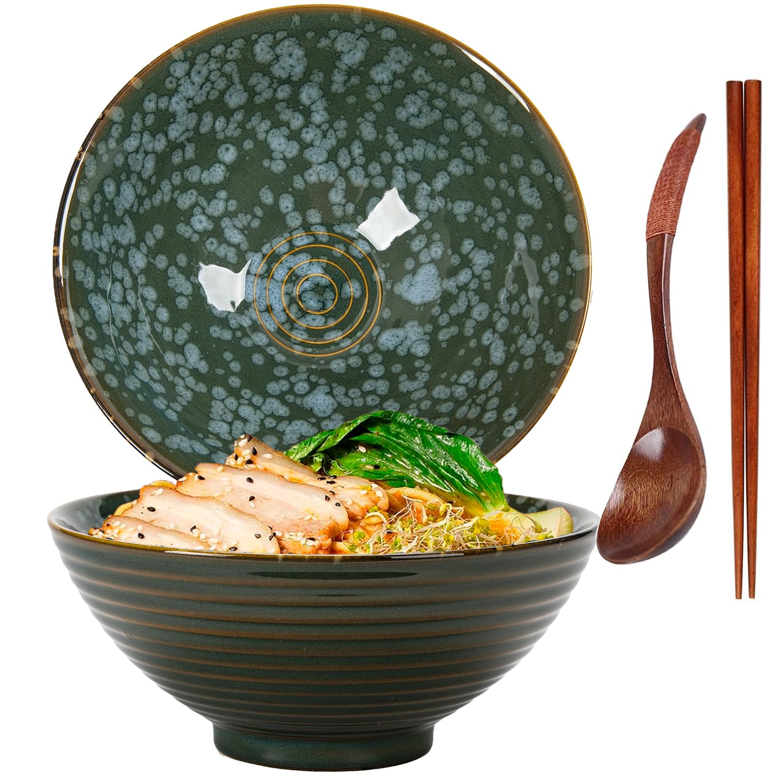 TuYines Ceramic Ramen Bowl, Ramen Bowl Set, Japanese Ramen Bowl with Spoon & Chopsticks, 1200 ml Soup Bowls, SaladBowl (Style E)