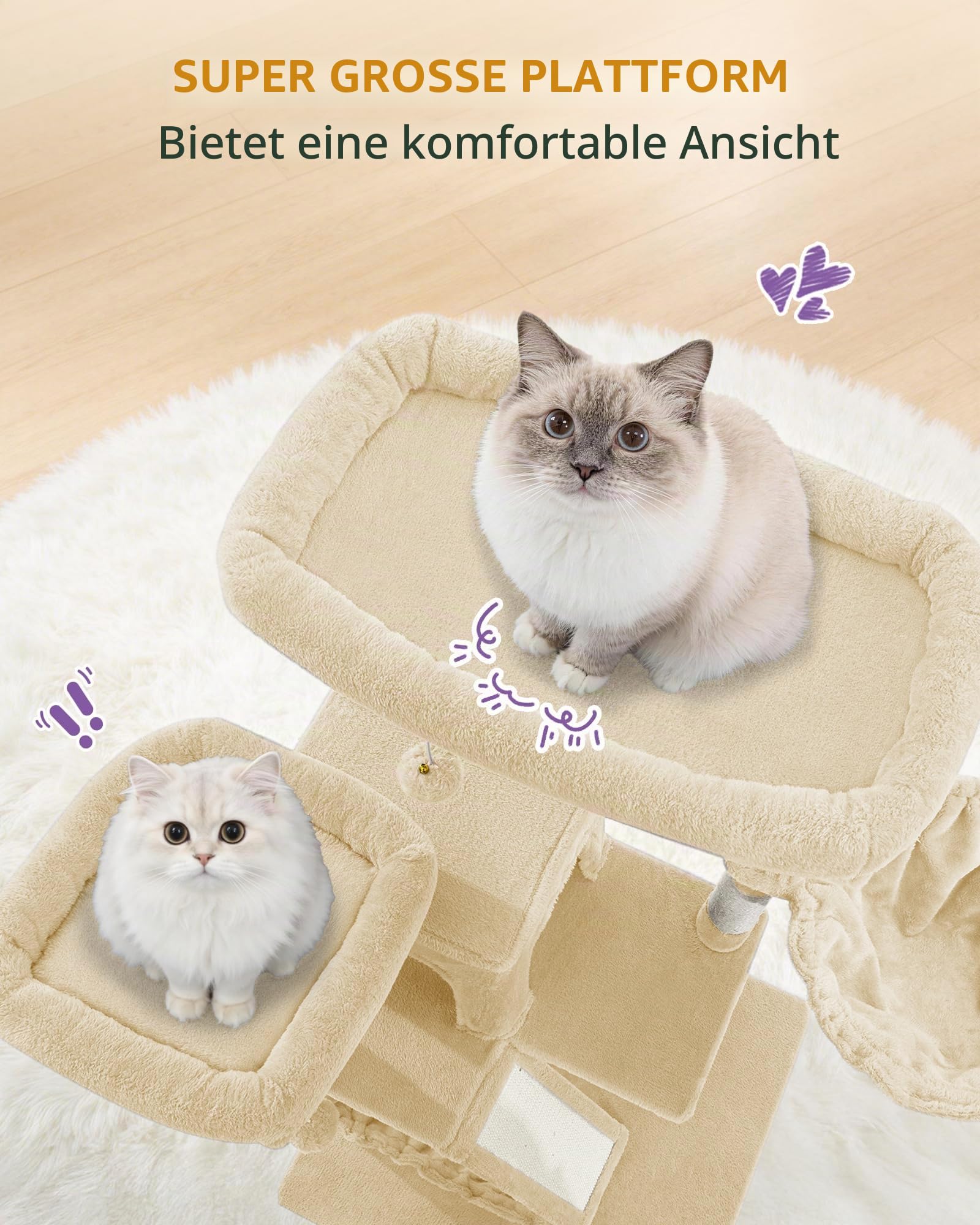 Hzuaneri Kratzbaum Groß, 183 cm Hoch, XL Katzenbaum, 2 Plattformen, 2 Höhlen, 6 Kratzstämme, Kratzbrett, Katzenkorb, Hängematte, Geeignet für Alle Katzenrassen, Maine Coon, Beige MS18318YL