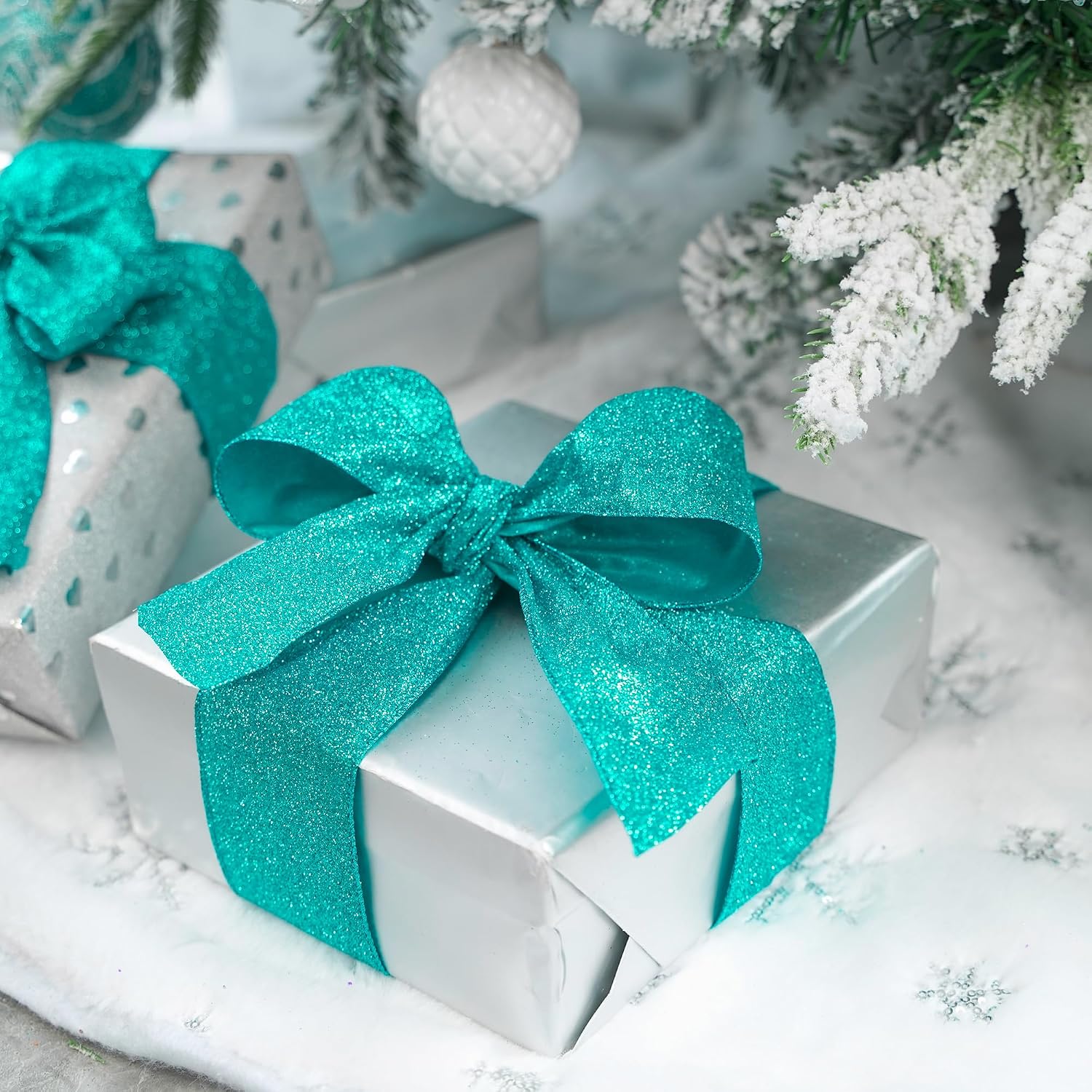 MEEDEE Teal Glitter Ribbon 2.5 Inch x 25 Yards, Metallic Wired Ribbon for Christmas Trees, Garlands, Wreath Bows, Holiday Decoration image 5